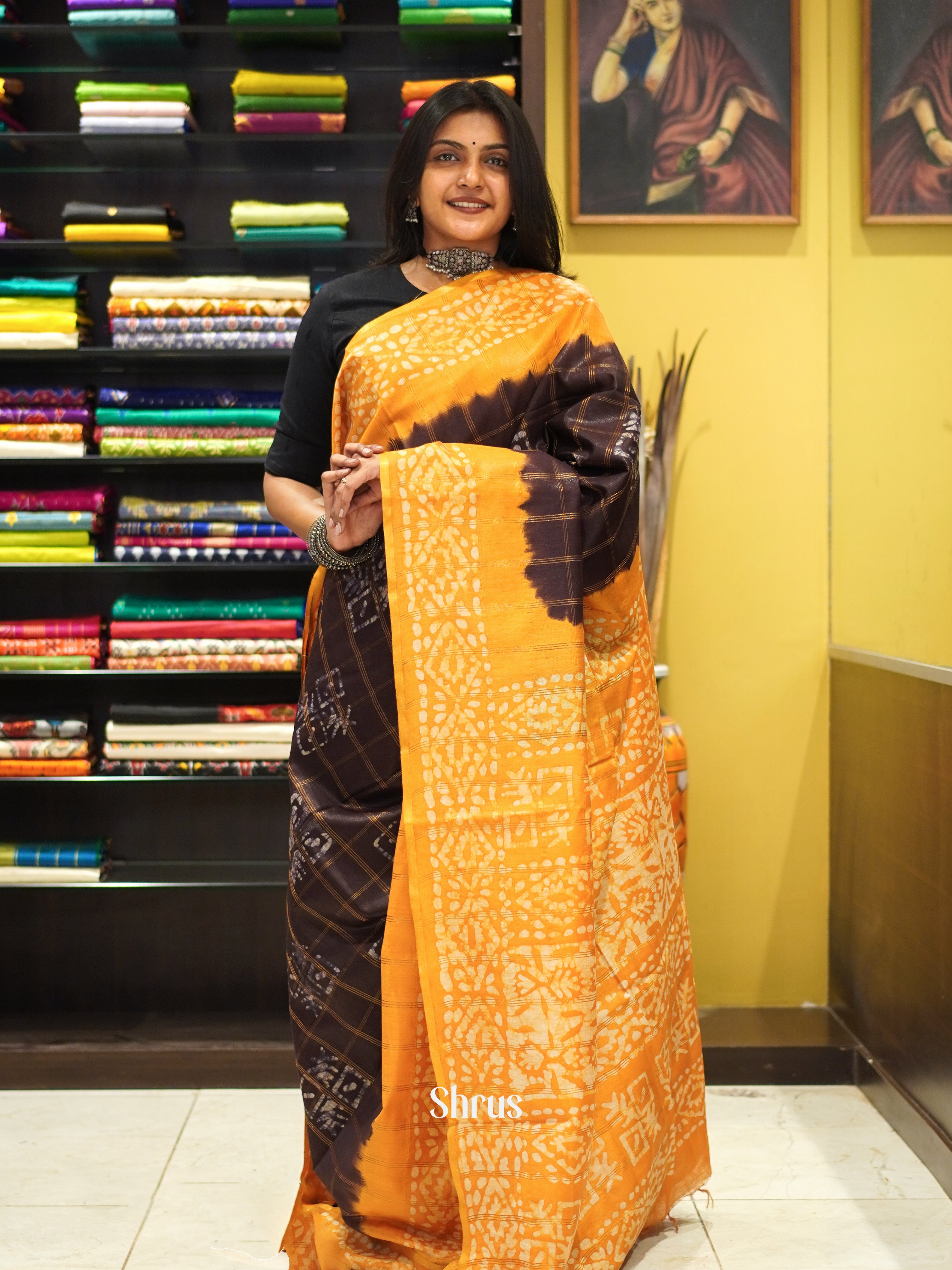 Brown & Yellow - Bhatik Saree - Shop on ShrusEternity.com