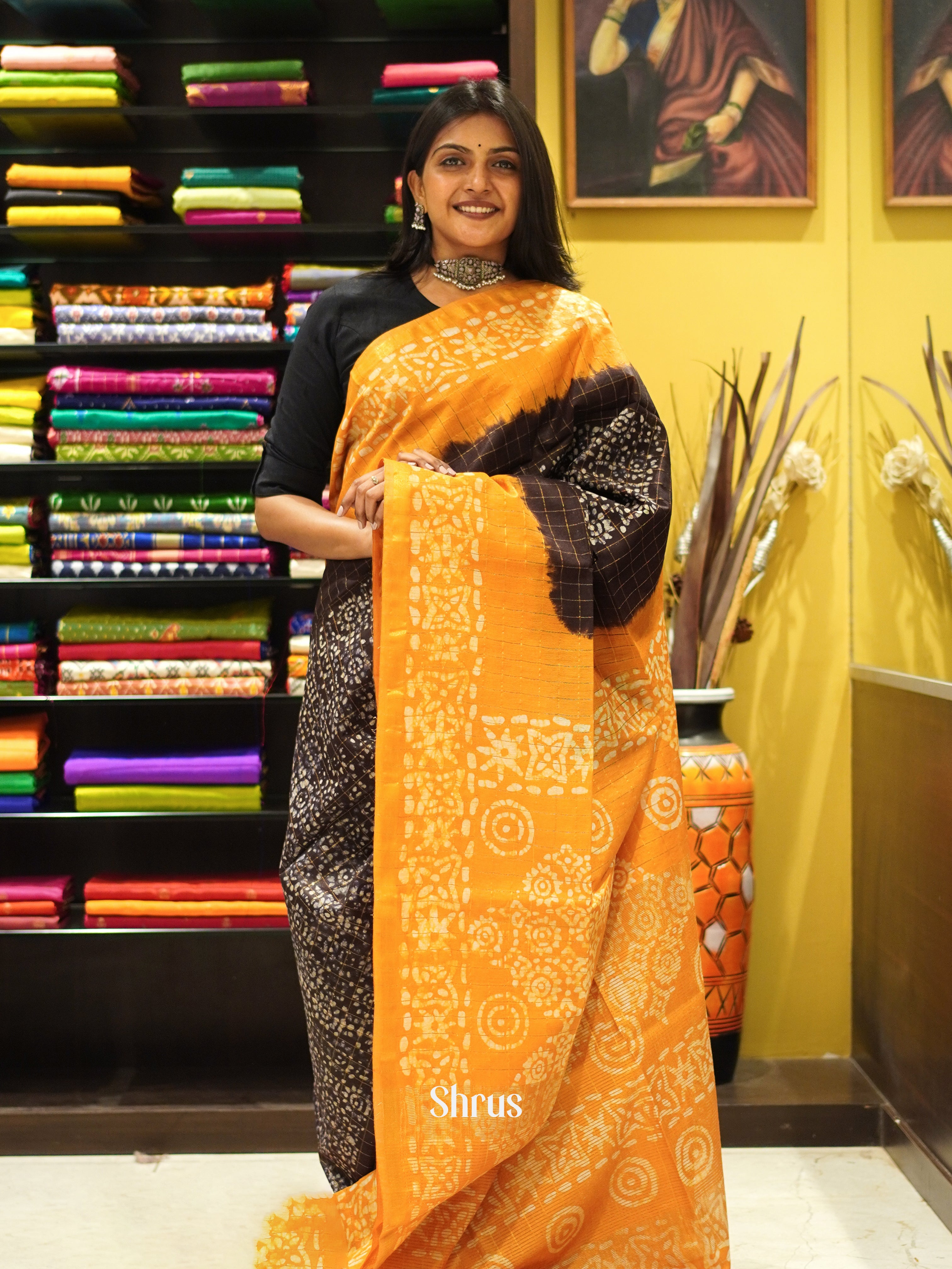 Brown & Yellow - Bhatik Saree - Shop on ShrusEternity.com