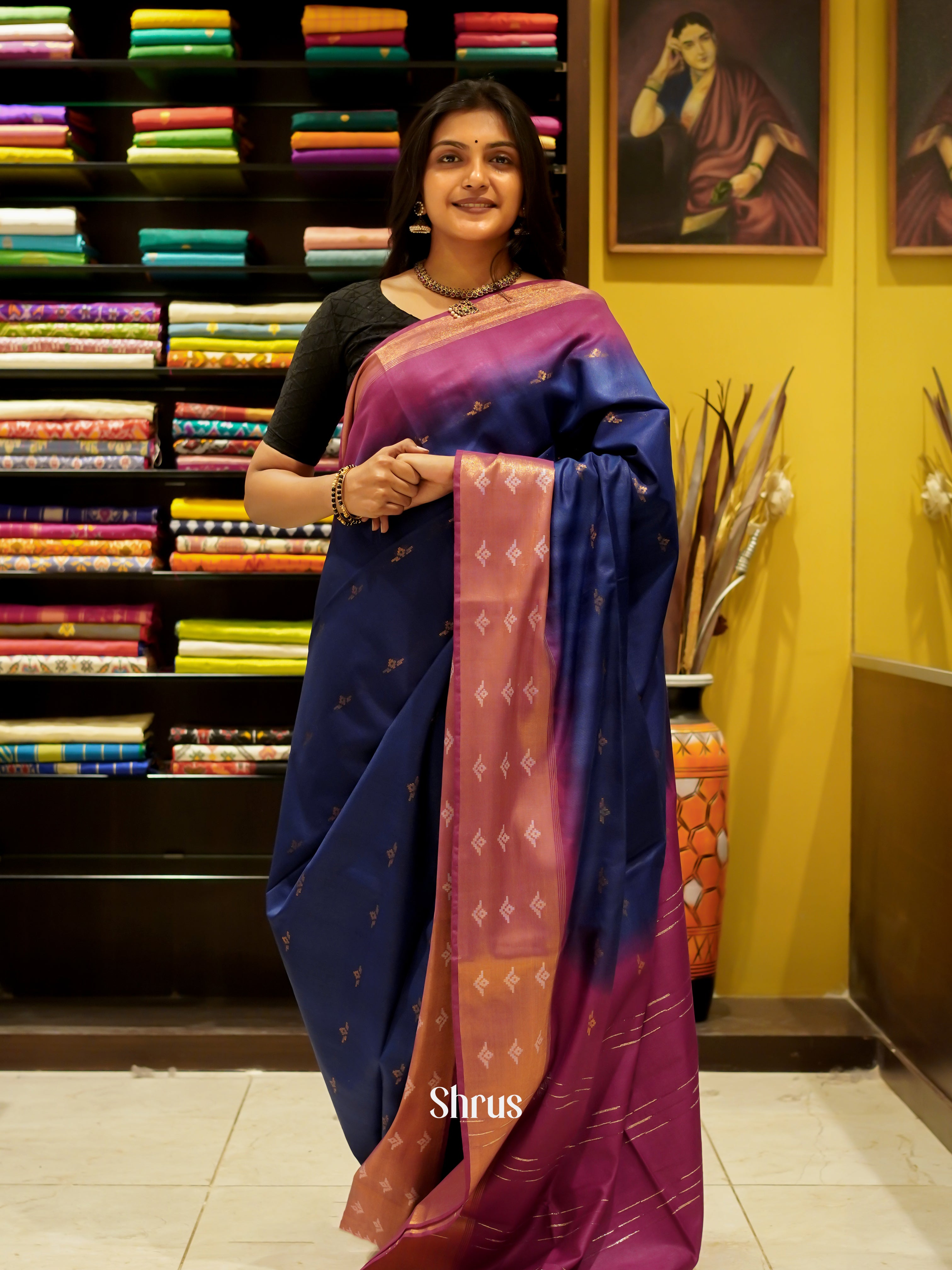 Blue & Pink - Semi Tussar Saree - Shop on ShrusEternity.com