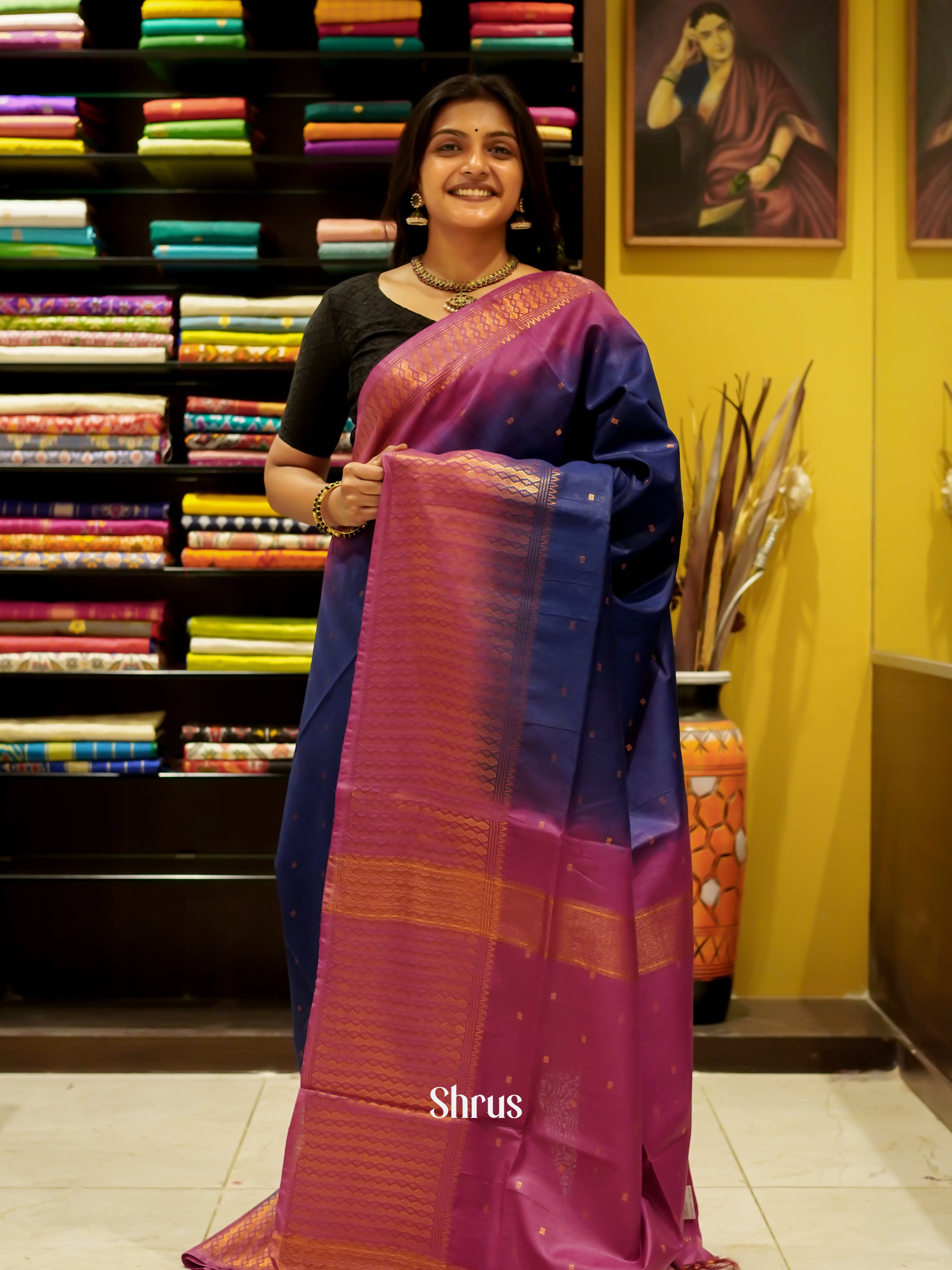 Blue & Pink - Semi Tussar Saree - Shop on ShrusEternity.com