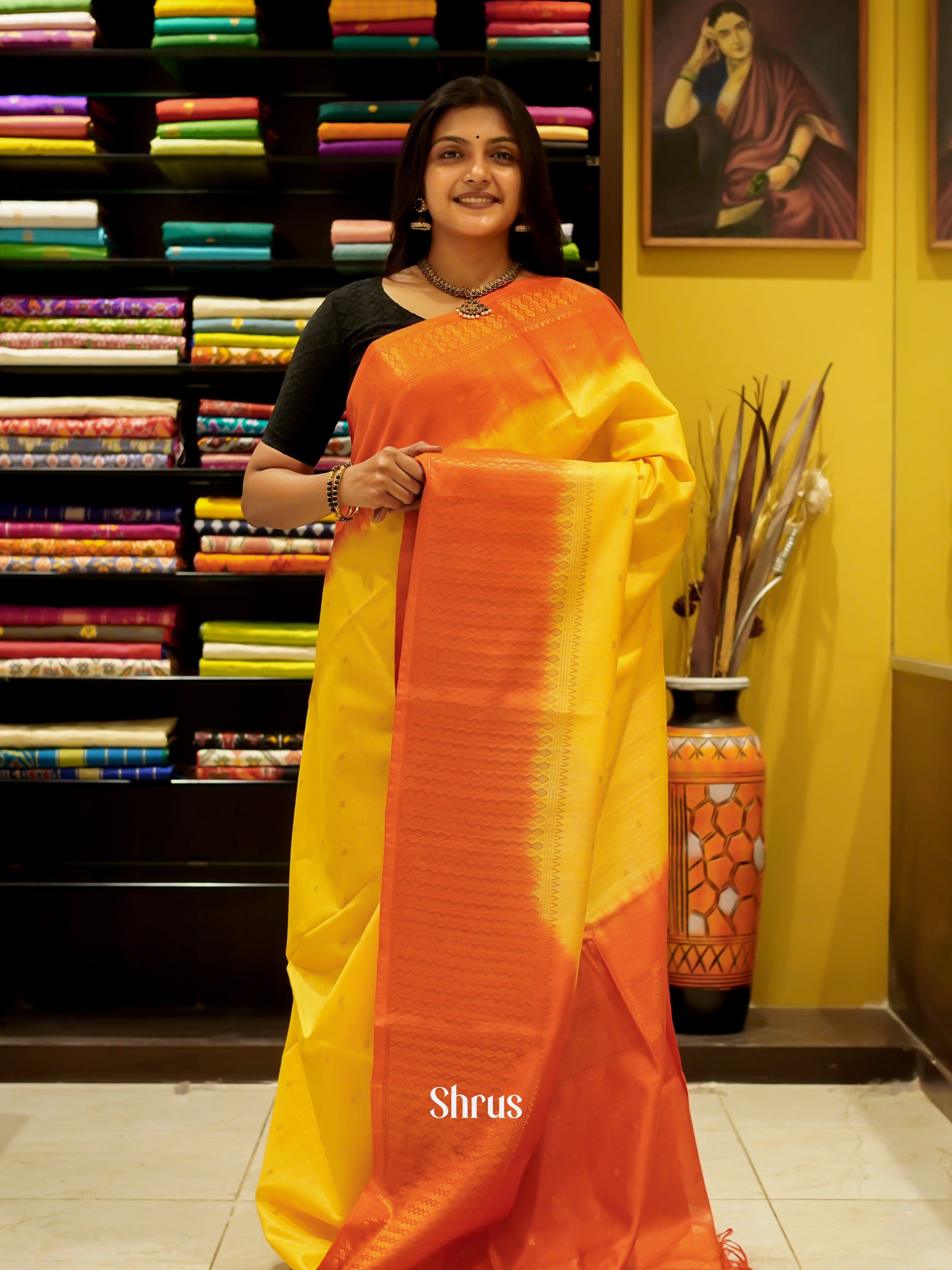 Yellow & Orange - Semi Tussar Saree - Shop on ShrusEternity.com