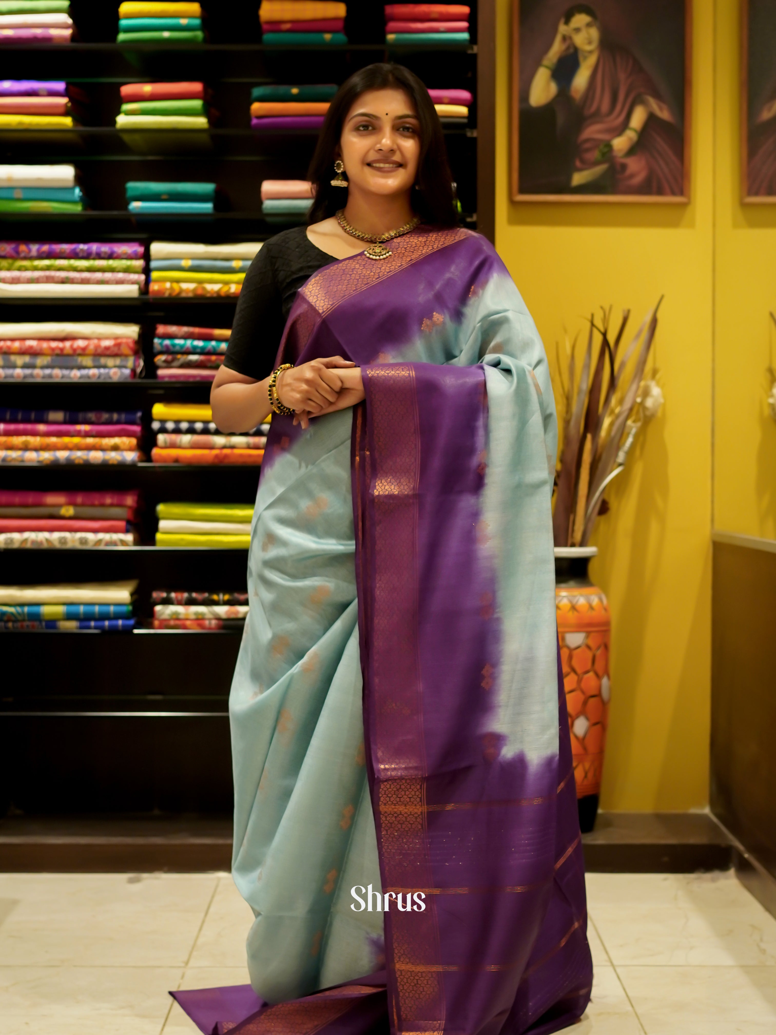 Blue & Purple - Semi Tussar Saree - Shop on ShrusEternity.com