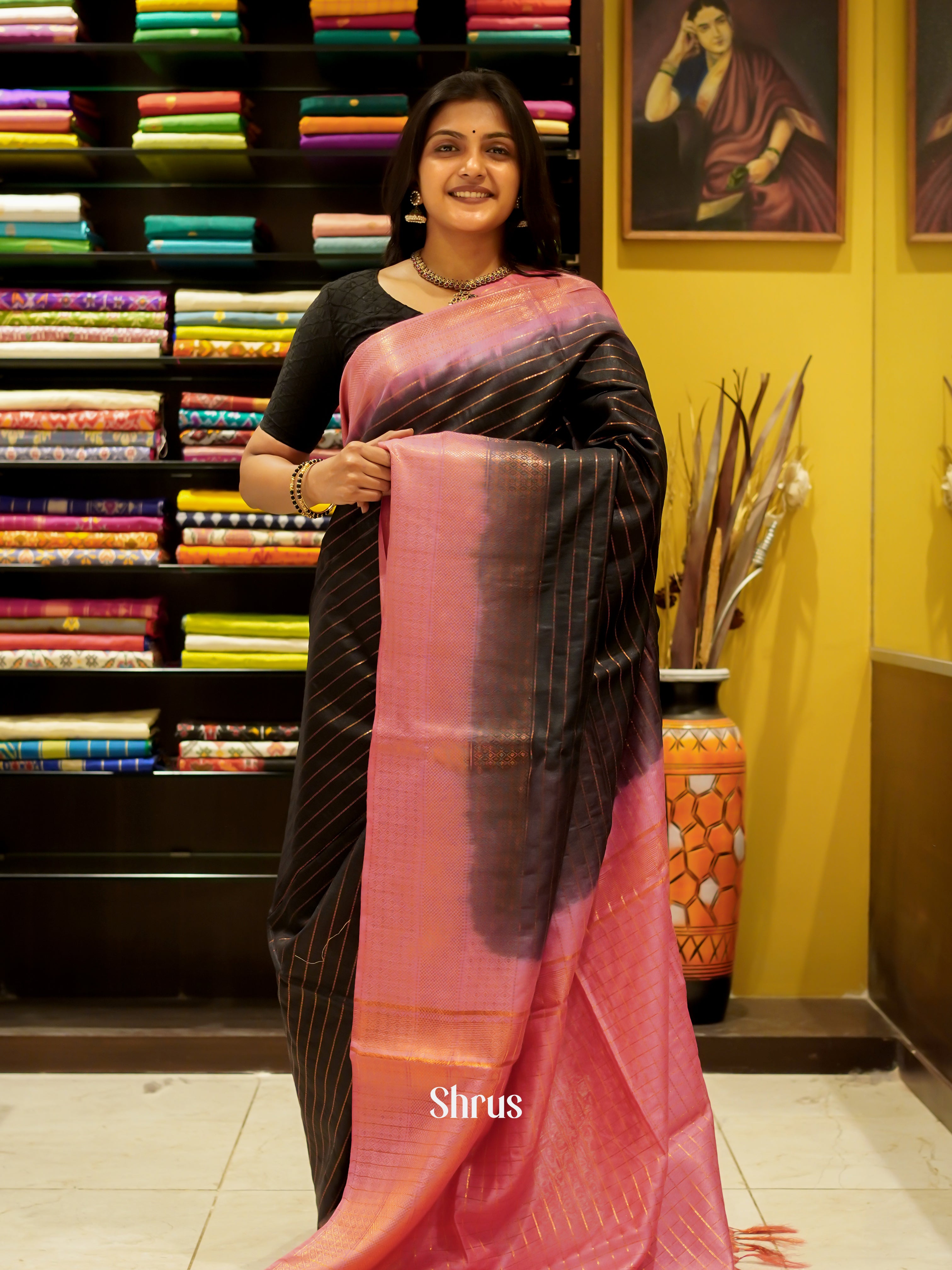 Black & Pink - Semi Tussar Saree - Shop on ShrusEternity.com