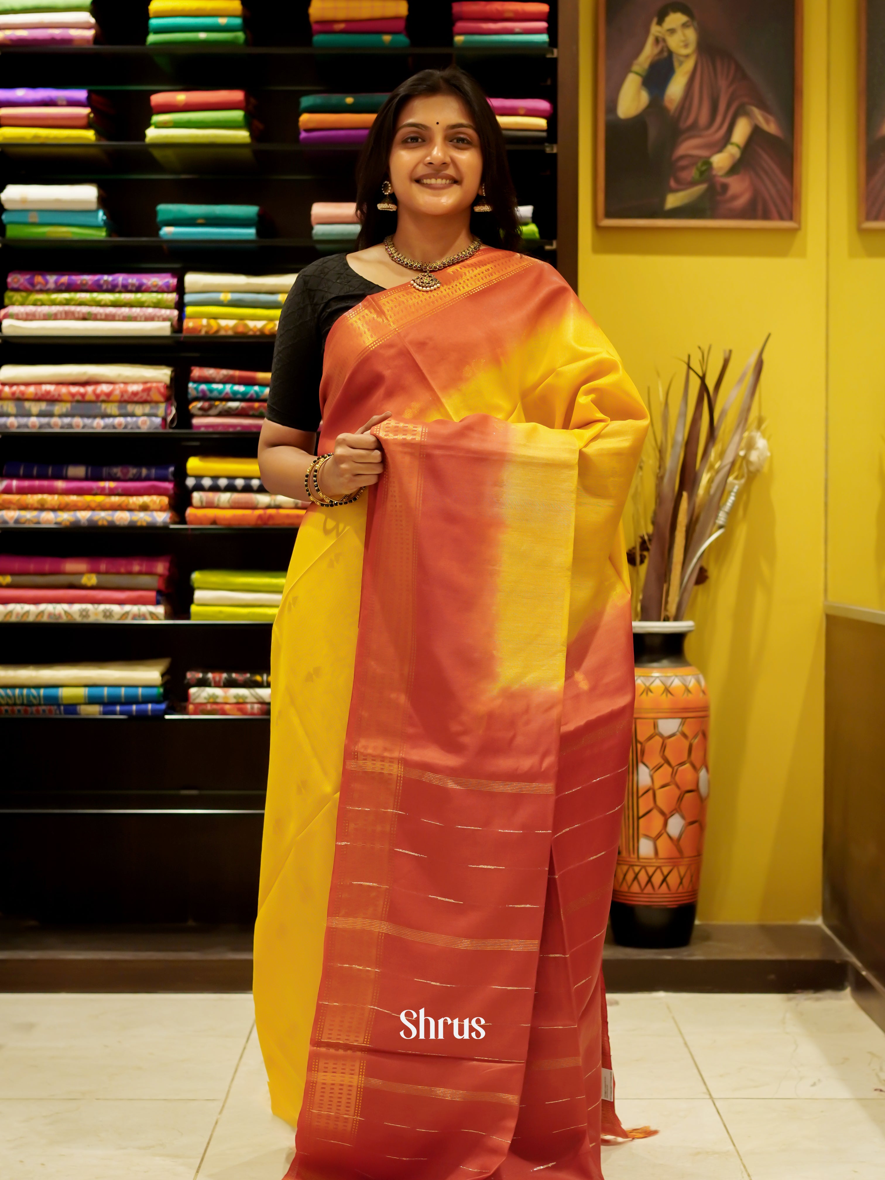 Yellow & Red - Semi Tussar Saree - Shop on ShrusEternity.com