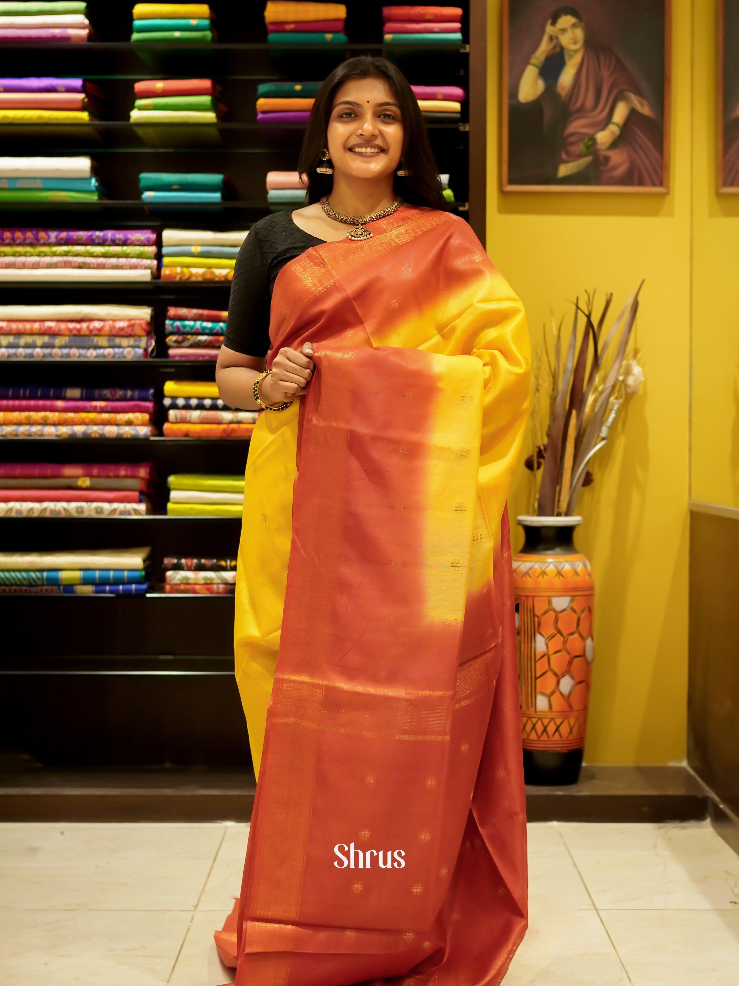 Yellow & Red - Semi Tussar Saree - Shop on ShrusEternity.com