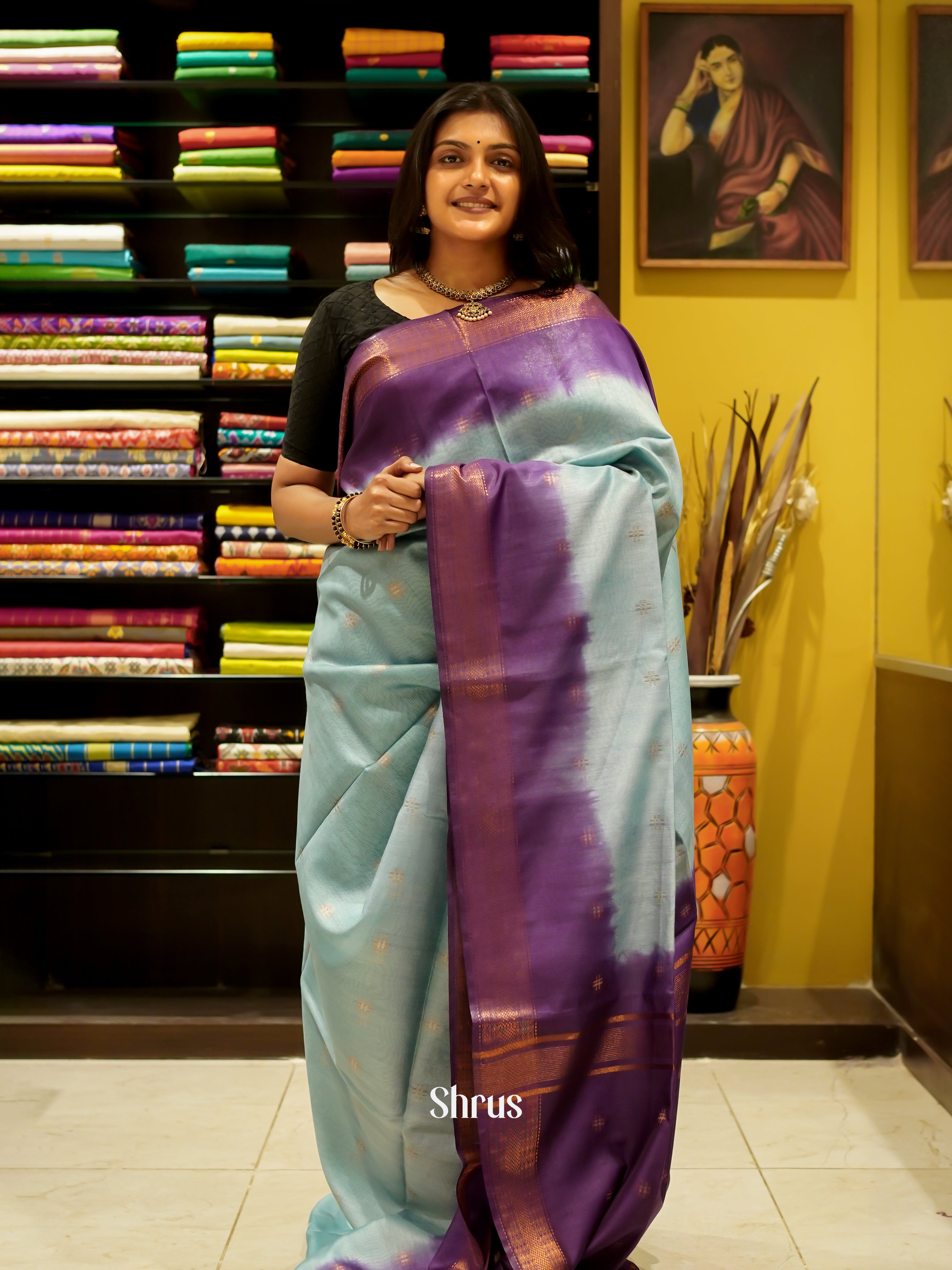 Blue & Purple - Semi Tussar Saree - Shop on ShrusEternity.com