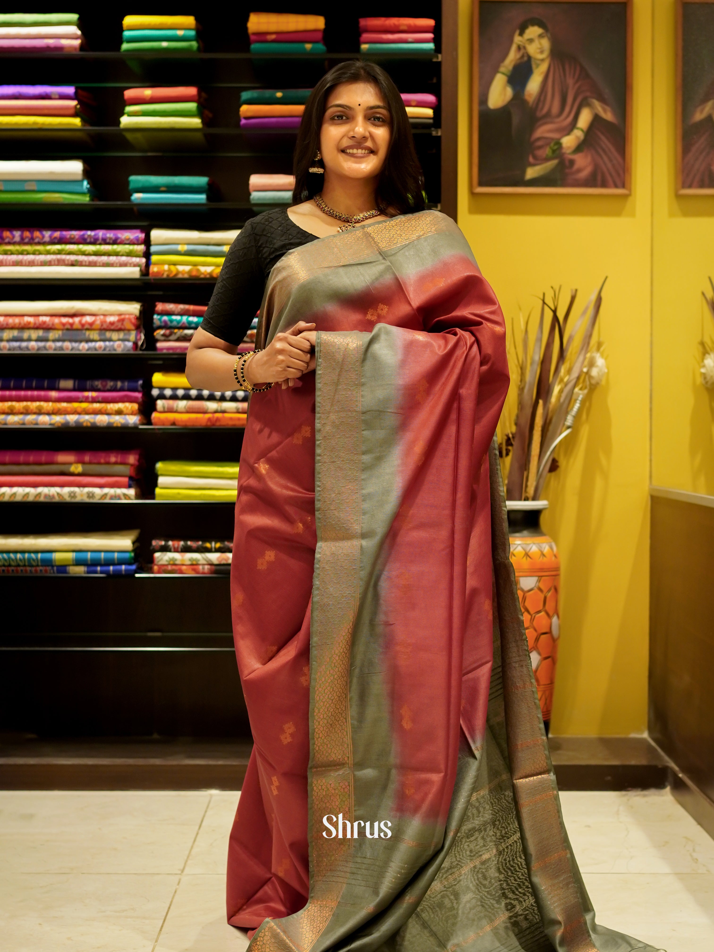 Red & Grey  - Semi Tussar Saree - Shop on ShrusEternity.com