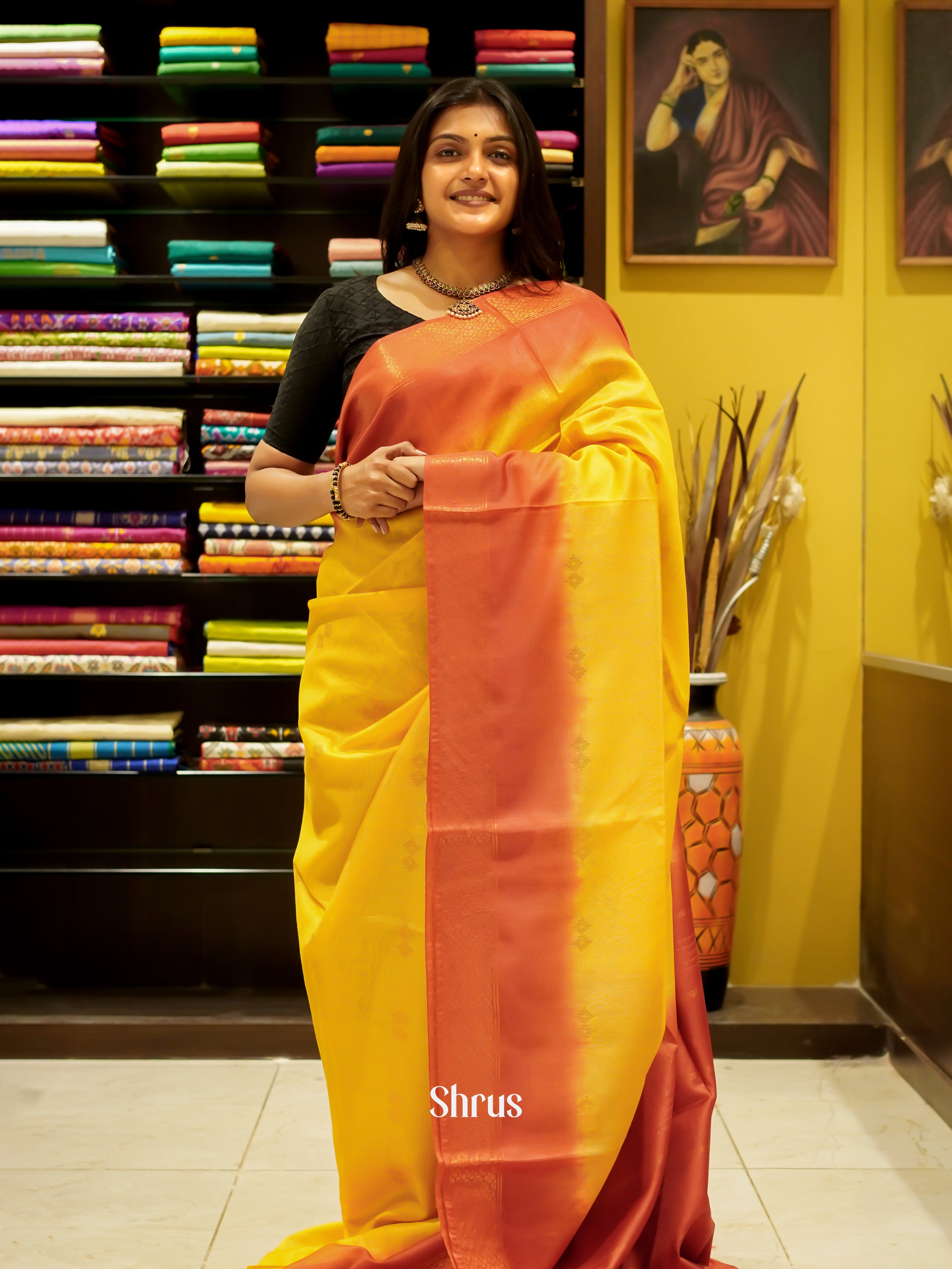 Yellow & Red - Semi Tussar Saree - Shop on ShrusEternity.com