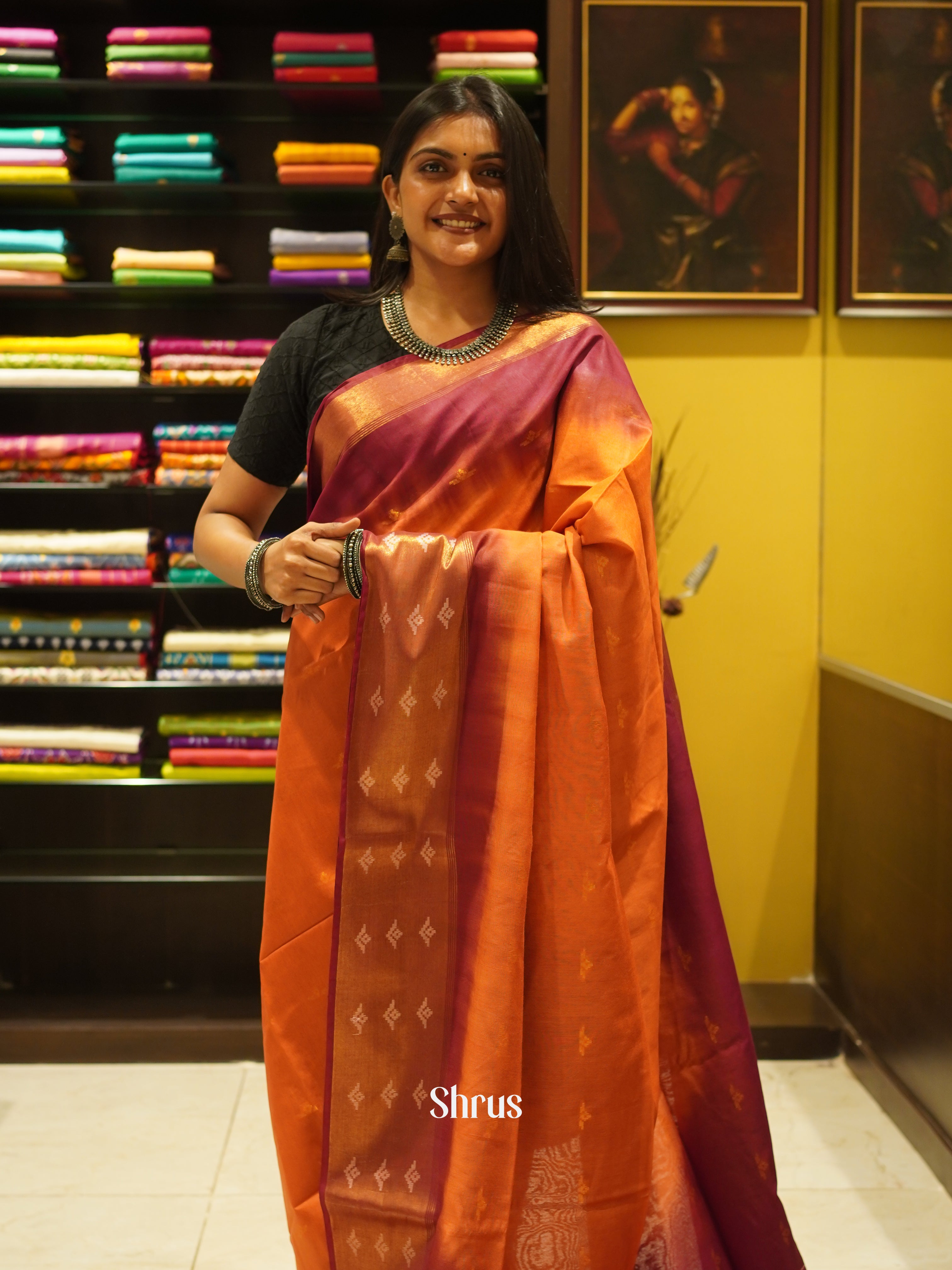 Orange & Maroon - Semi Tussar Saree