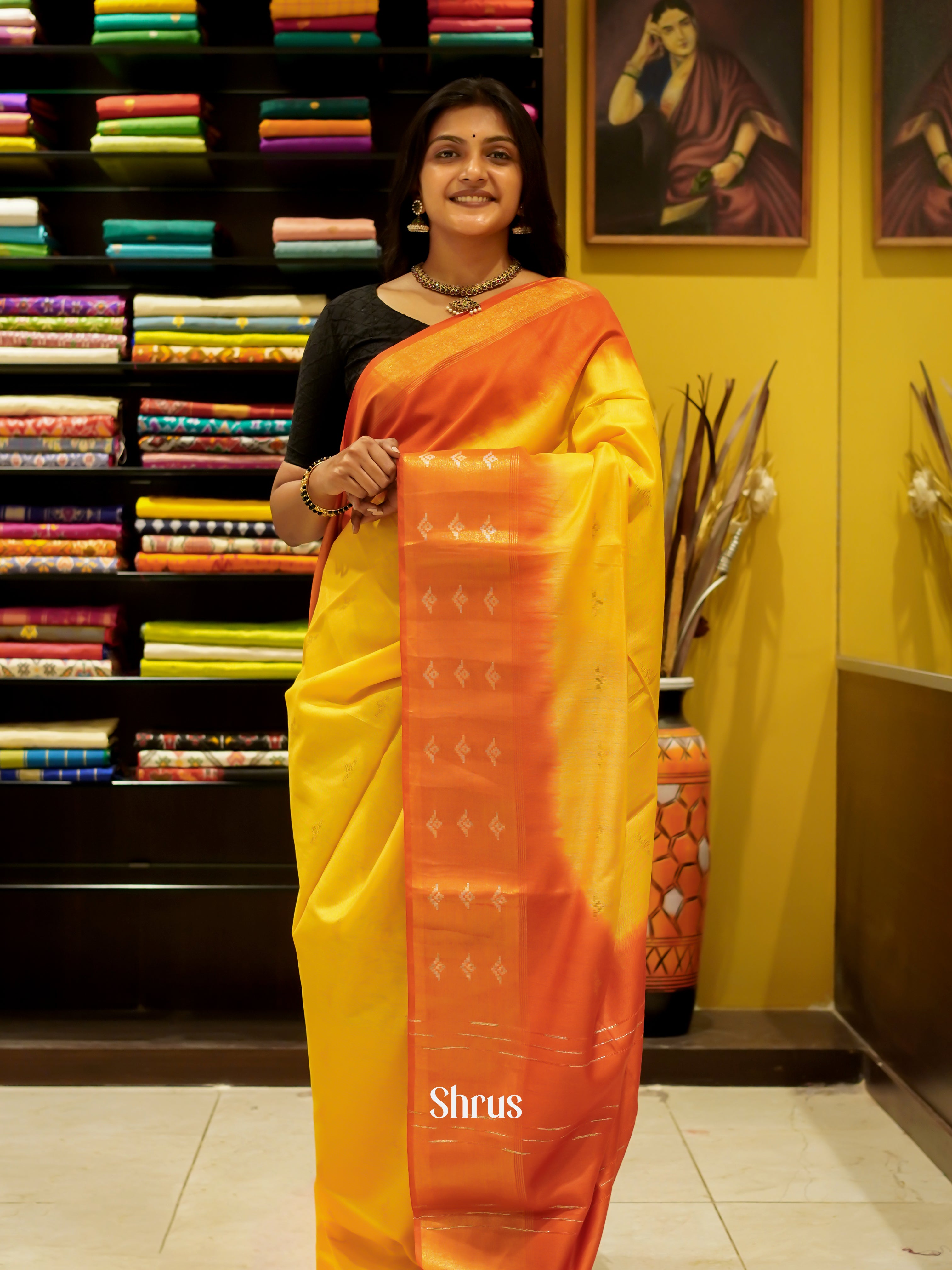 Yellow & Orange - Semi Tussar Saree - Shop on ShrusEternity.com