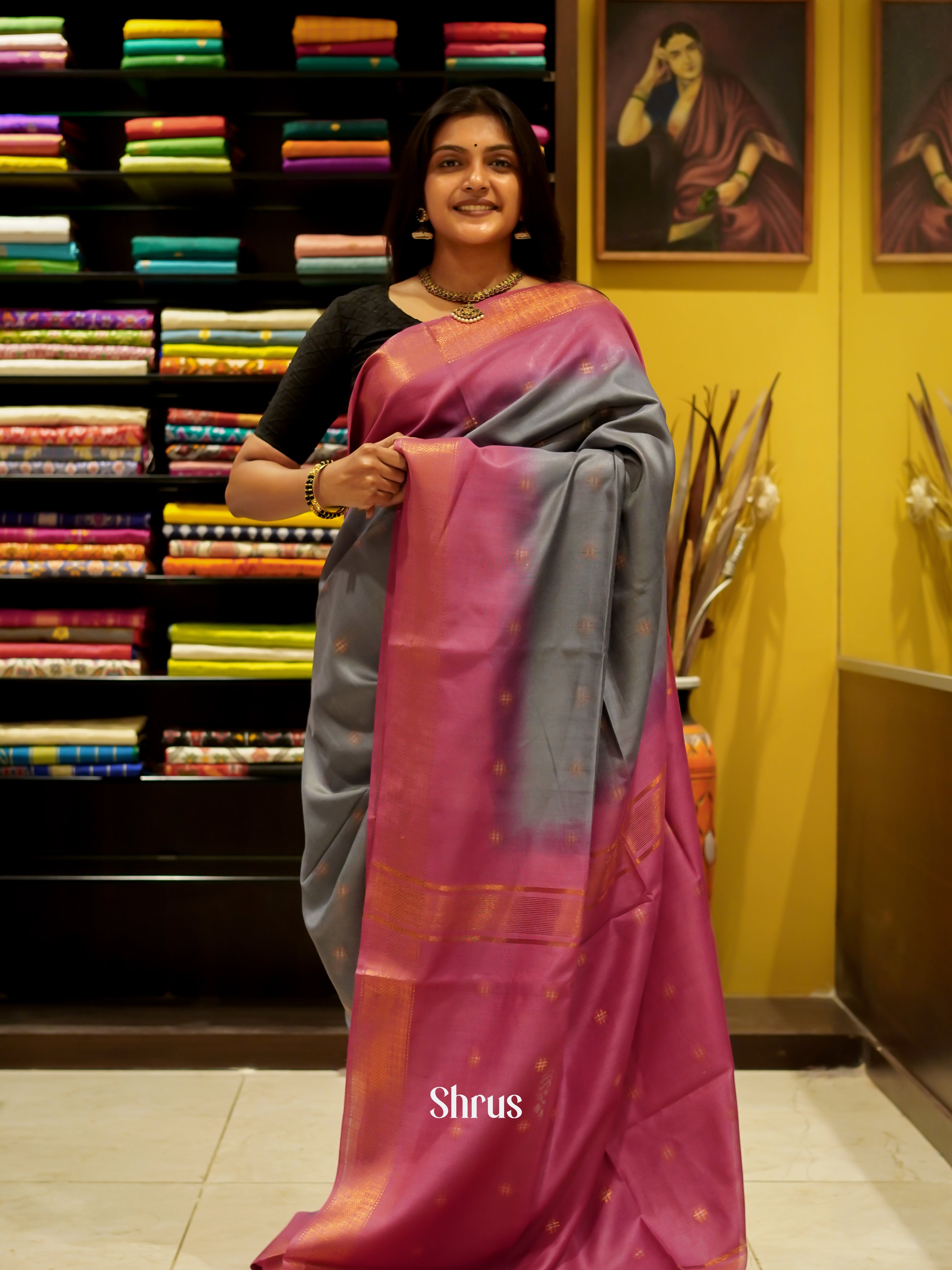 Grey & Pink - Semi Tussar Saree - Shop on ShrusEternity.com