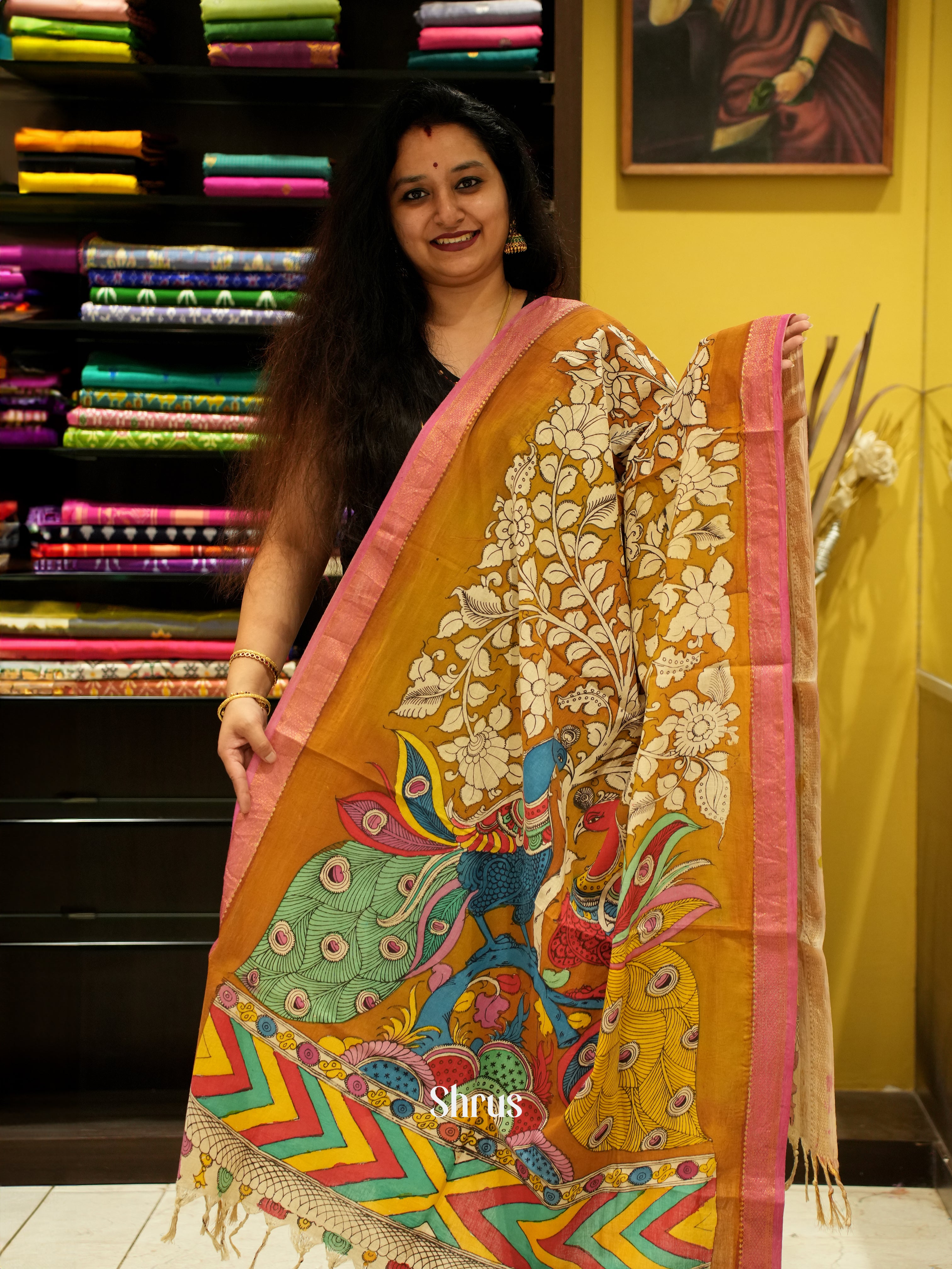 Mustard & Pink - Pen kalamkari Dupatta - Shop on ShrusEternity.com