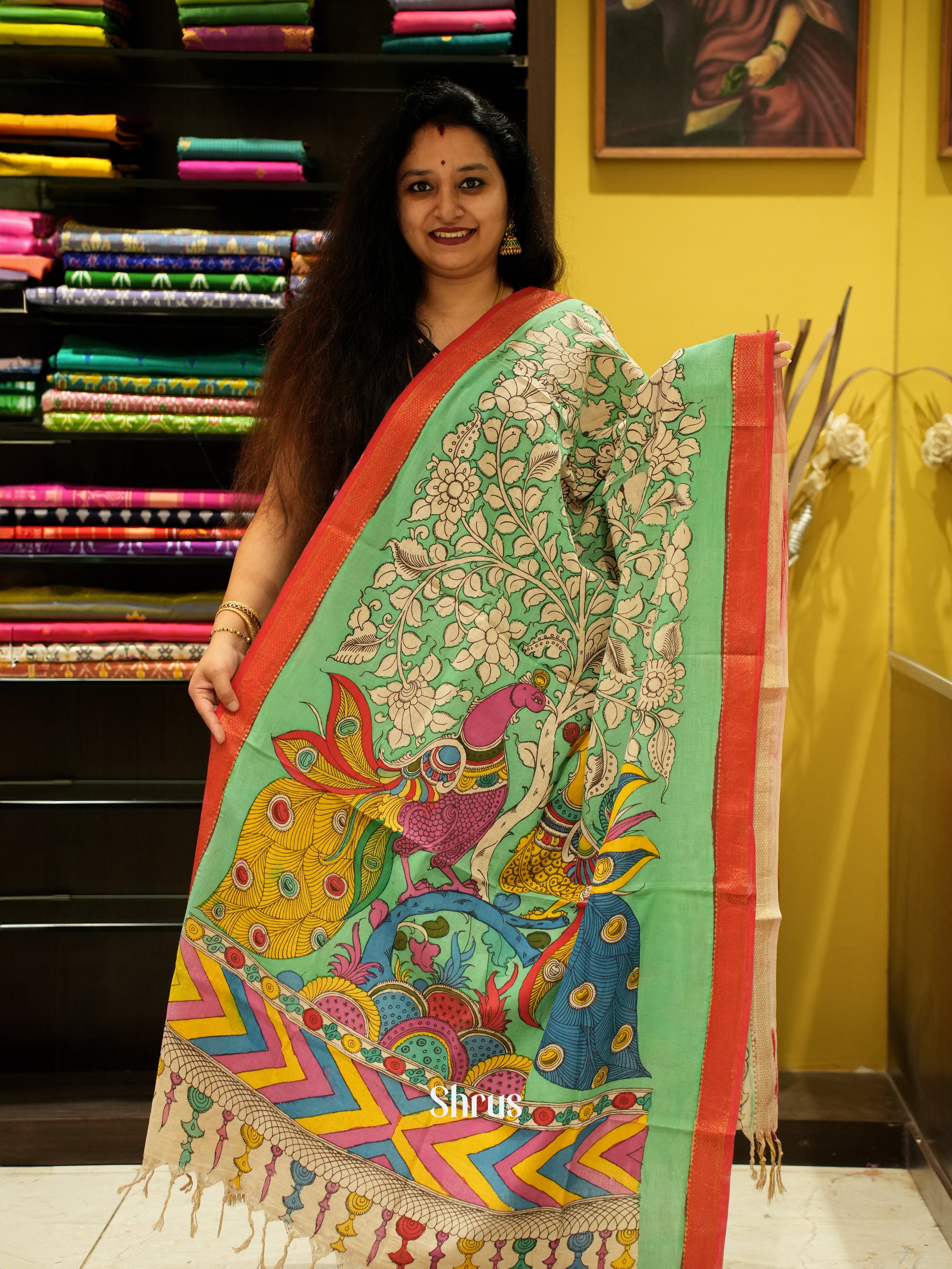 Green & Red- Pen kalamkari Dupatta - Shop on ShrusEternity.com