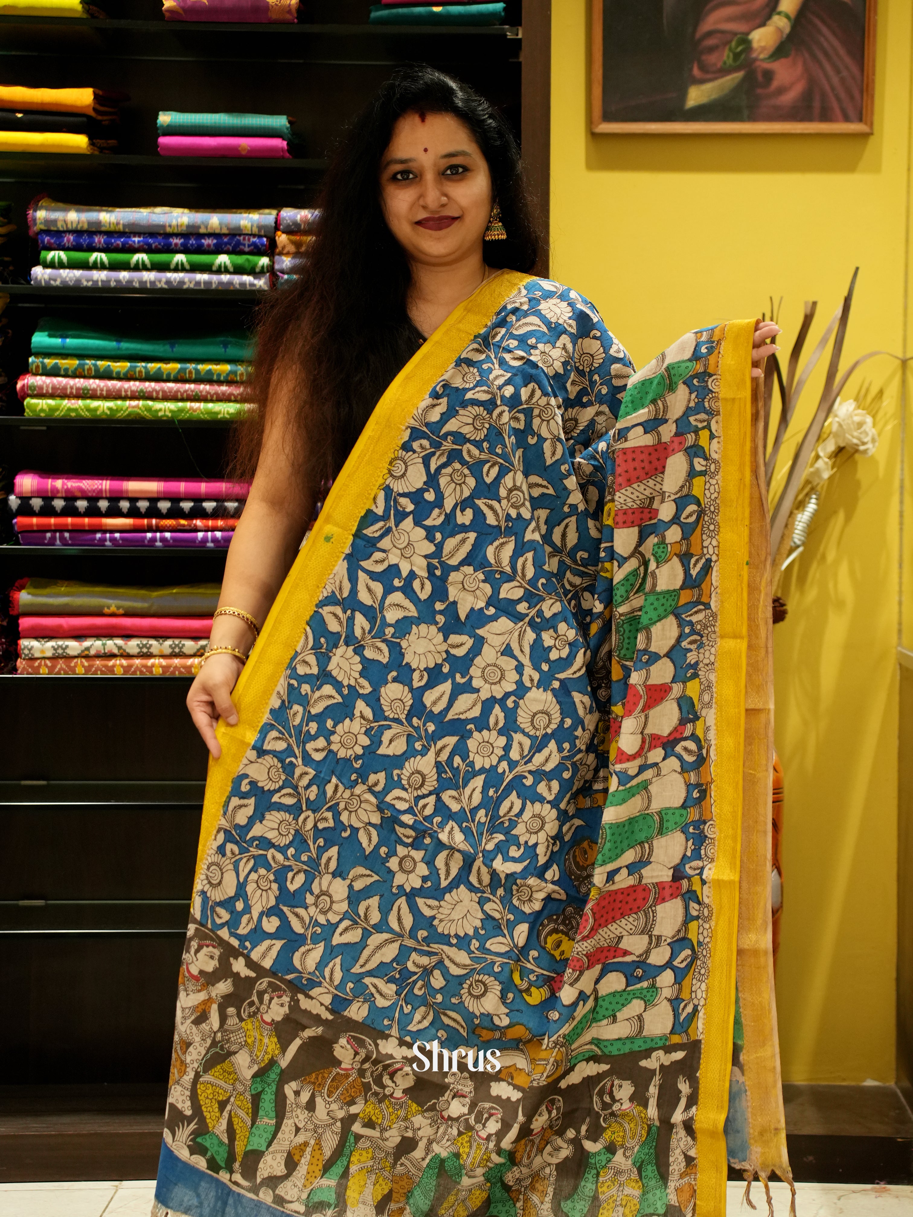 Blue & Yellow - Pen kalamkari Dupatta - Shop on ShrusEternity.com