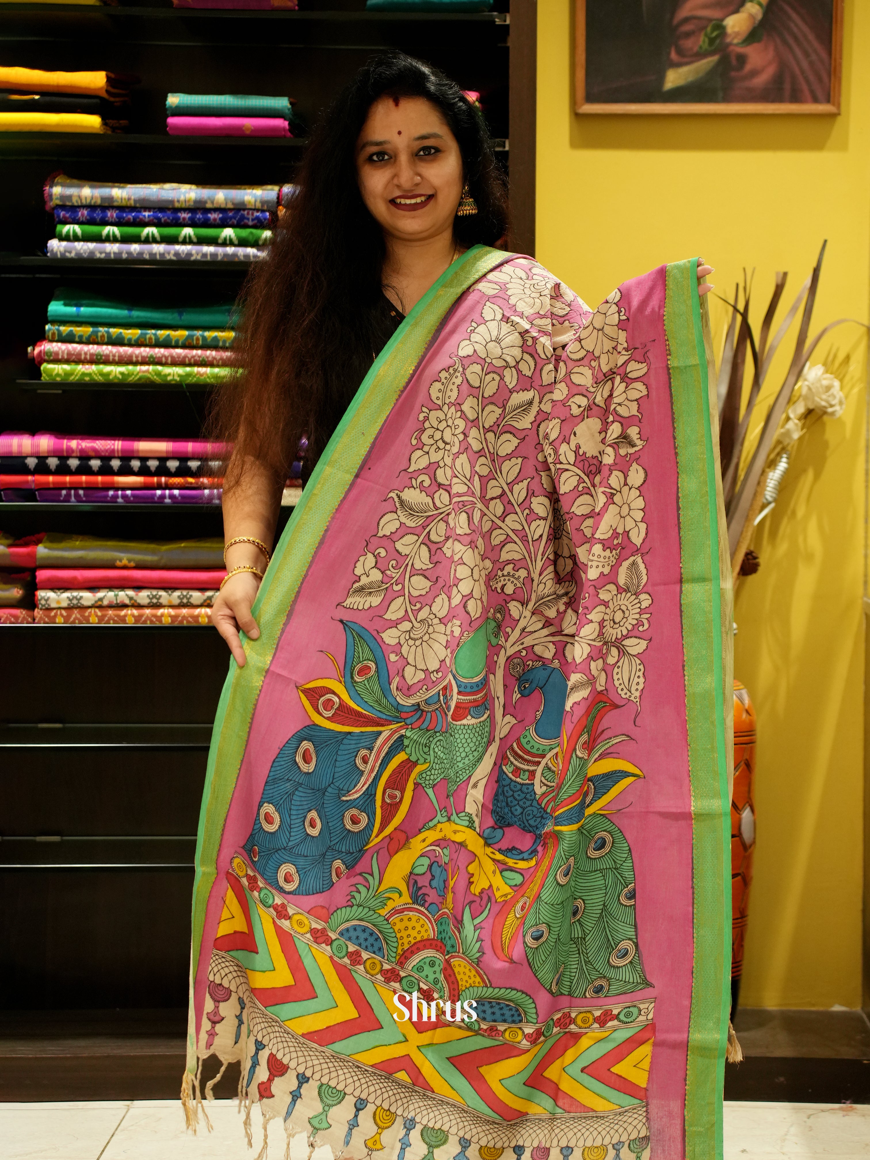 Pink & Green- Pen kalamkari Dupatta - Shop on ShrusEternity.com