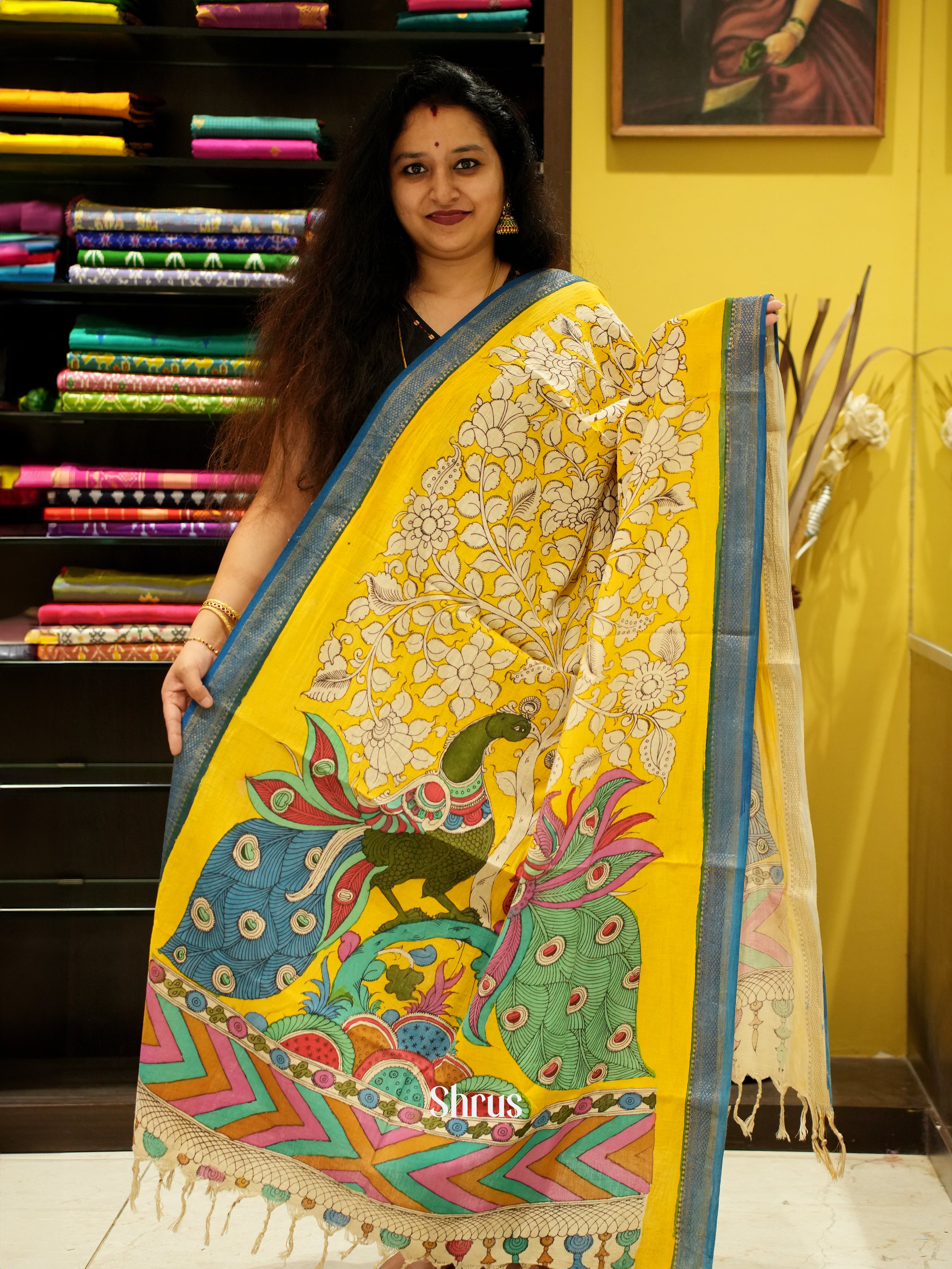 Yellow & Blue- Pen kalamkari Dupatta - Shop on ShrusEternity.com