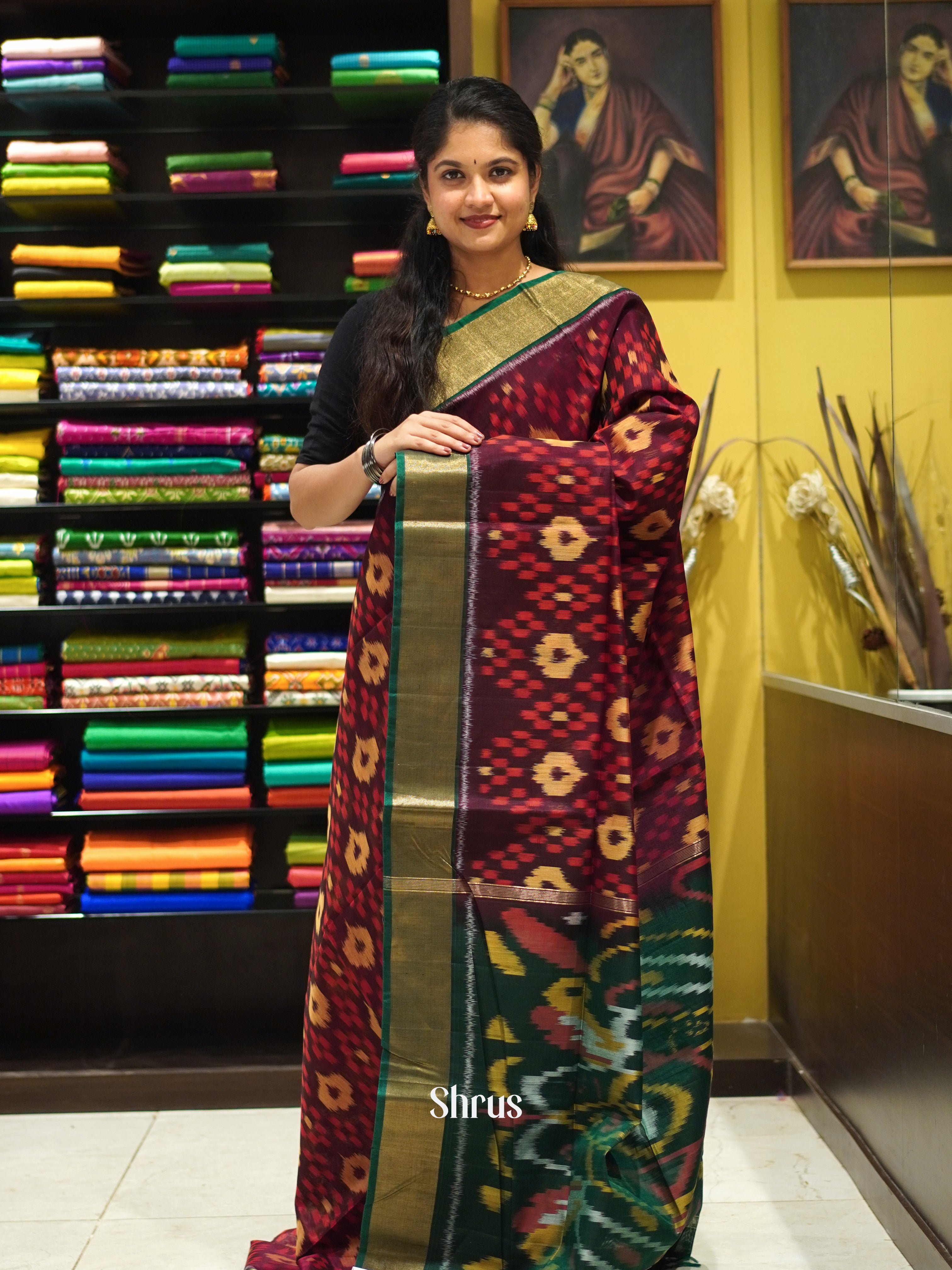 Maroon & Green - Pochampally sico Saree - Shop on ShrusEternity.com