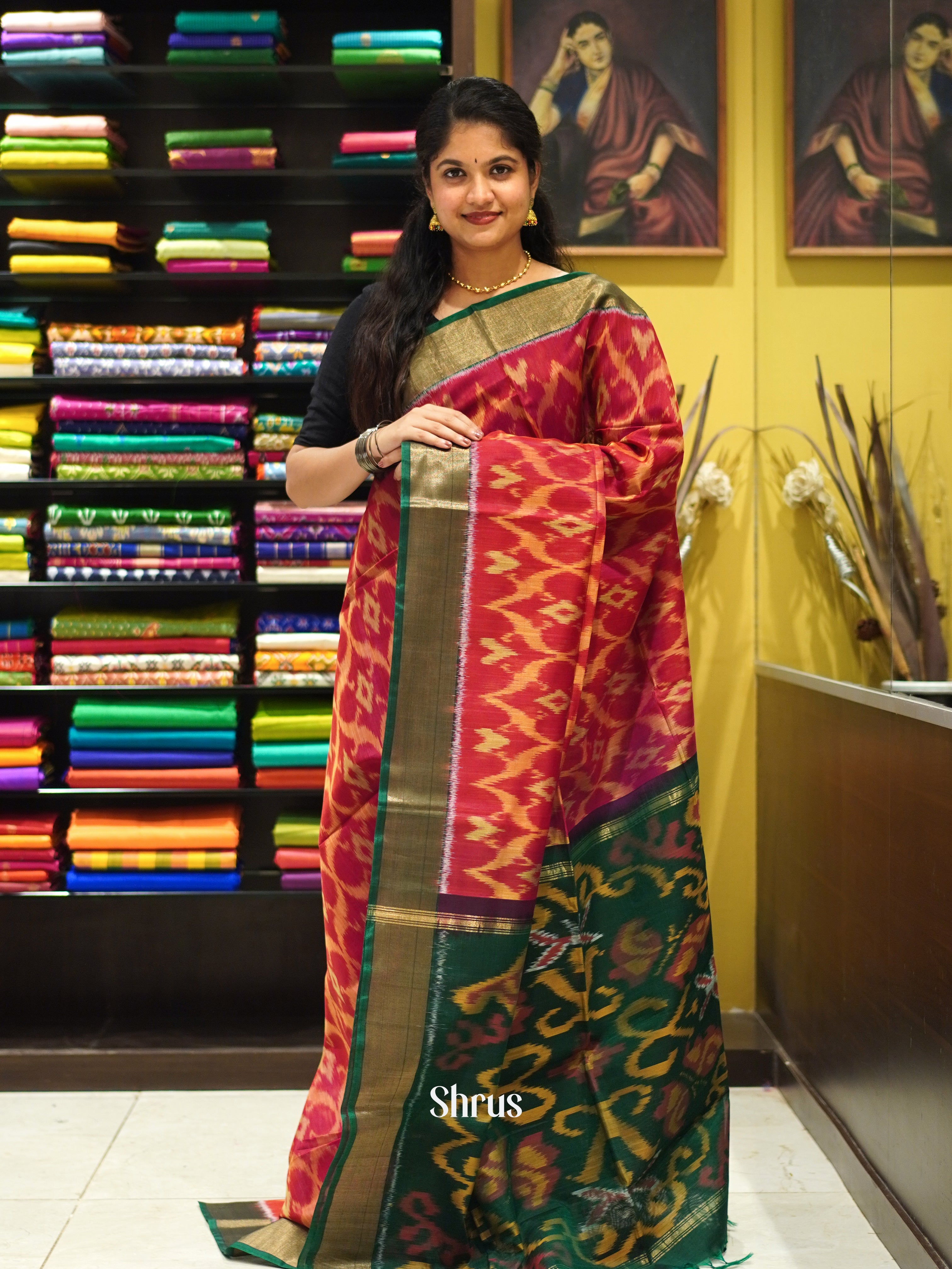 Red & Green - Pochampally sico Saree - Shop on ShrusEternity.com