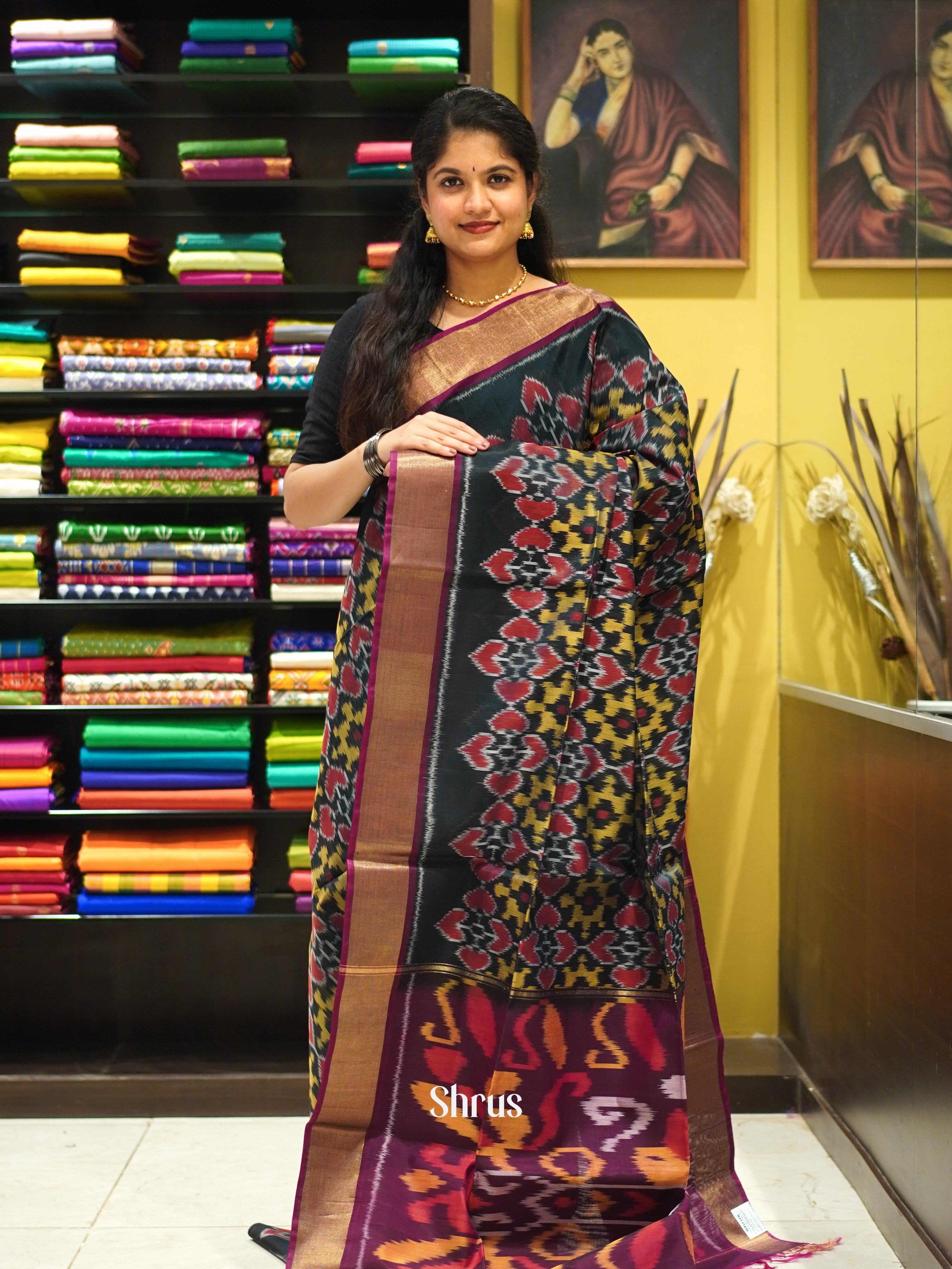 Dark Green & Wine - Pochampally sico Saree - Shop on ShrusEternity.com