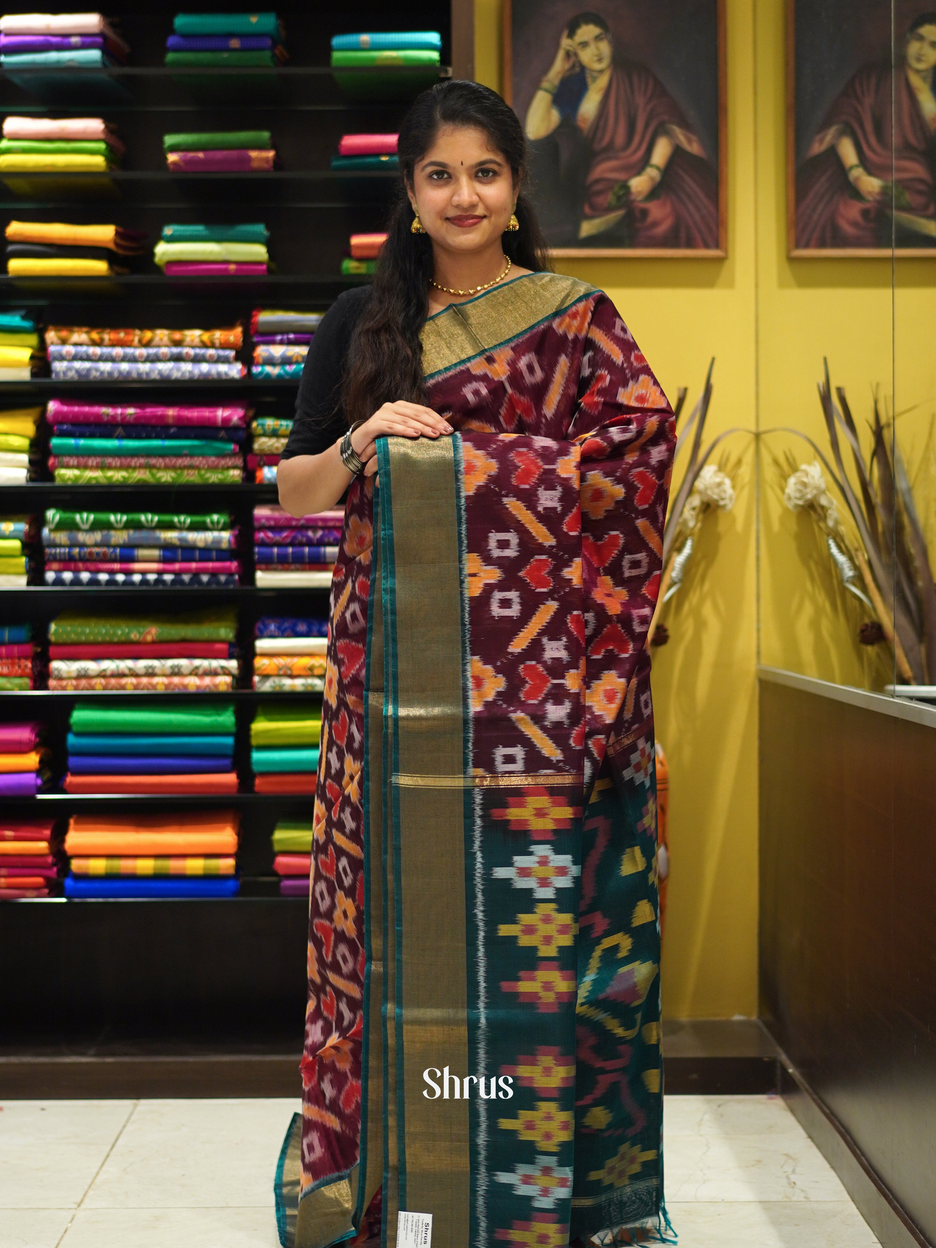 Brown & Peacock Green - Pochampally sico Saree