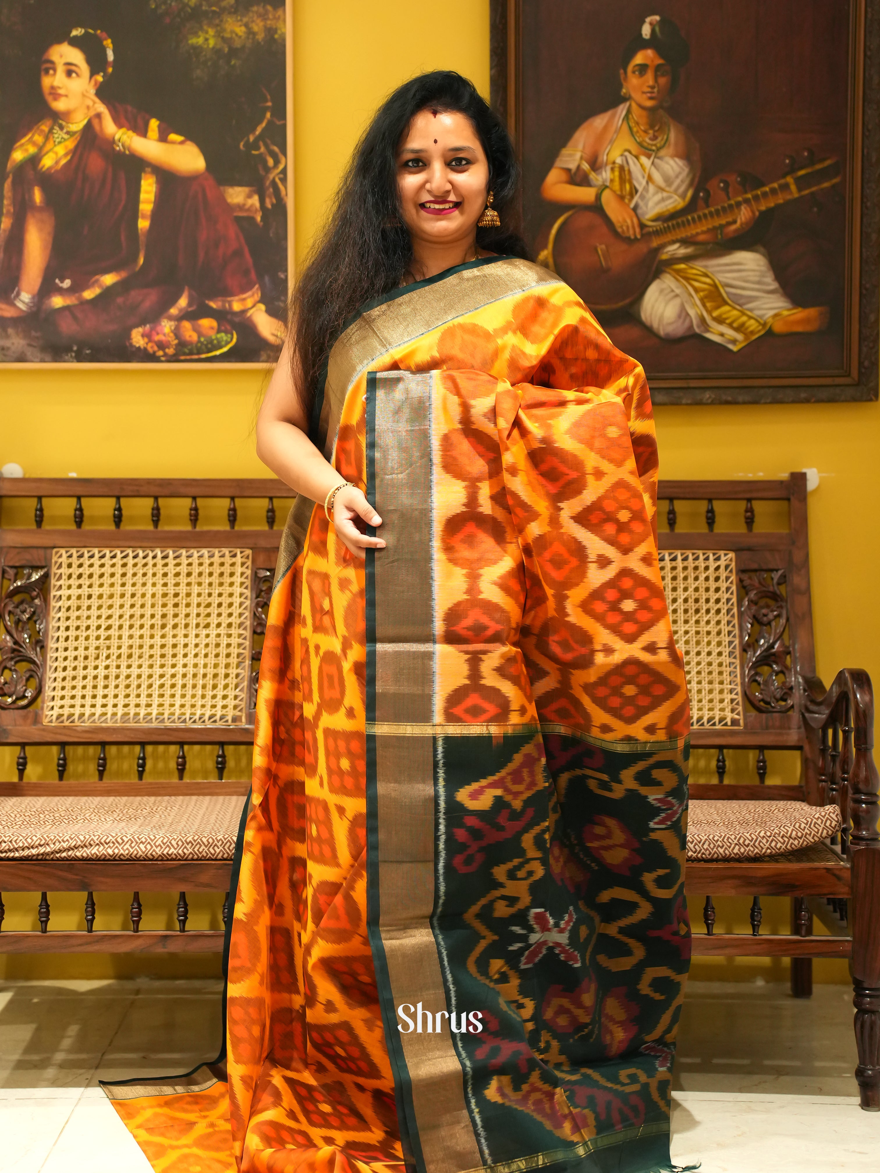 Mustard & Dark Green - Pochampally sico Saree - Shop on ShrusEternity.com