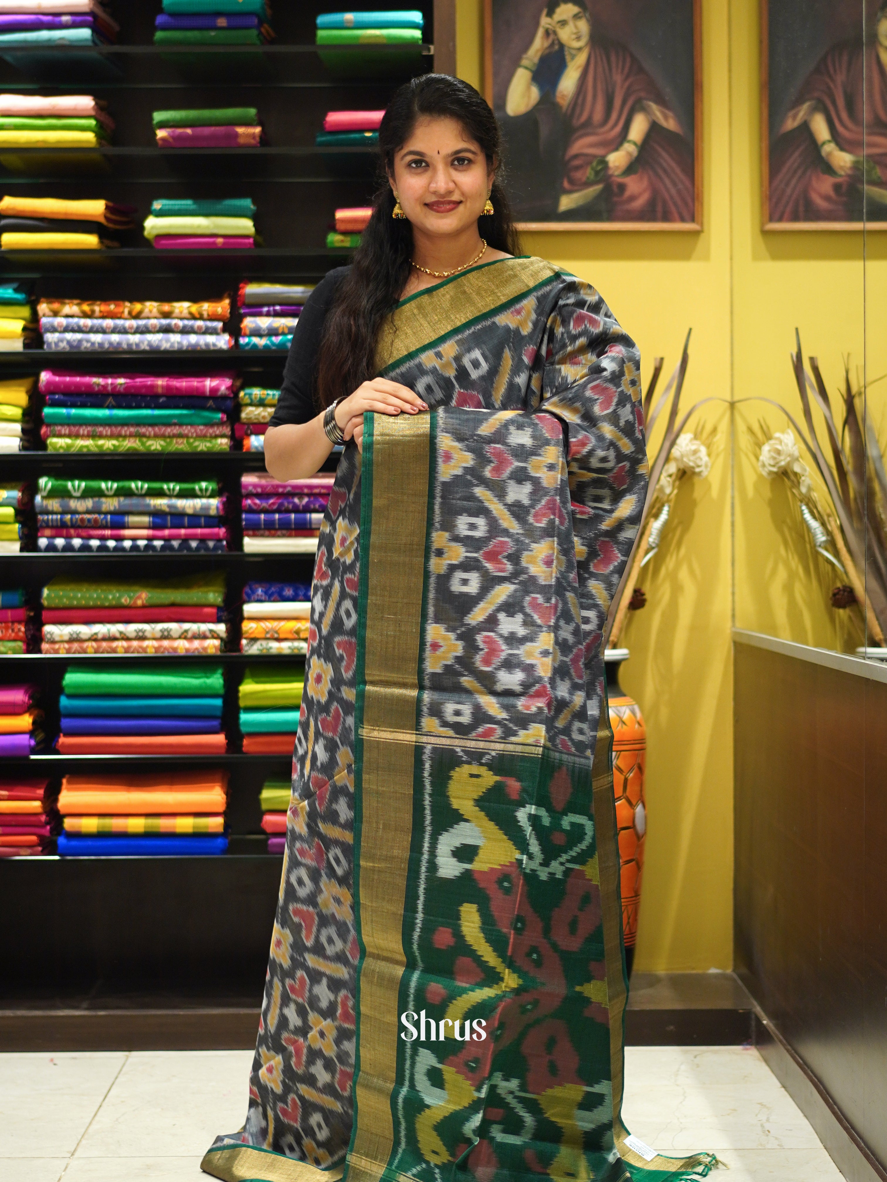 Grey & Green - Pochampally sico Saree