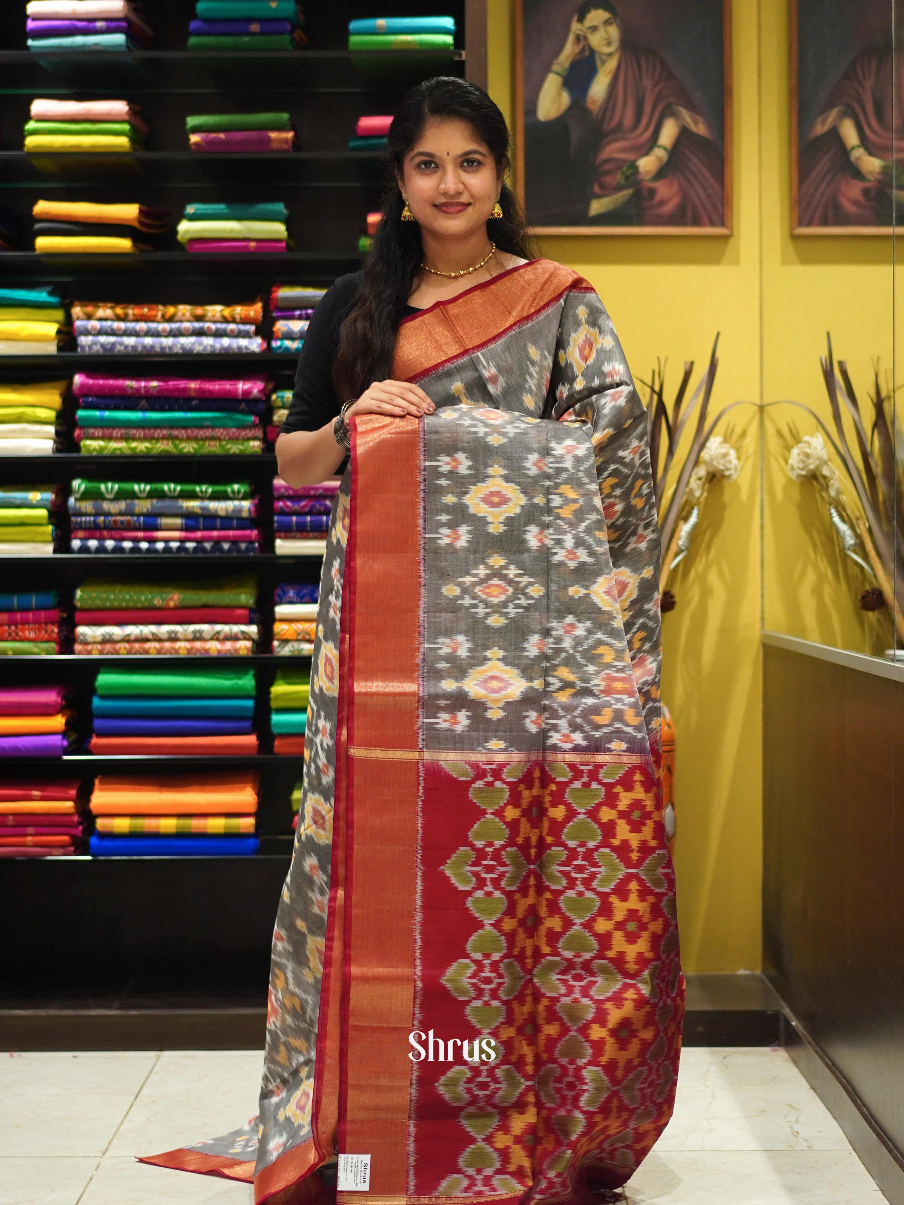 Grey & Maroon - Pochampally sico Saree