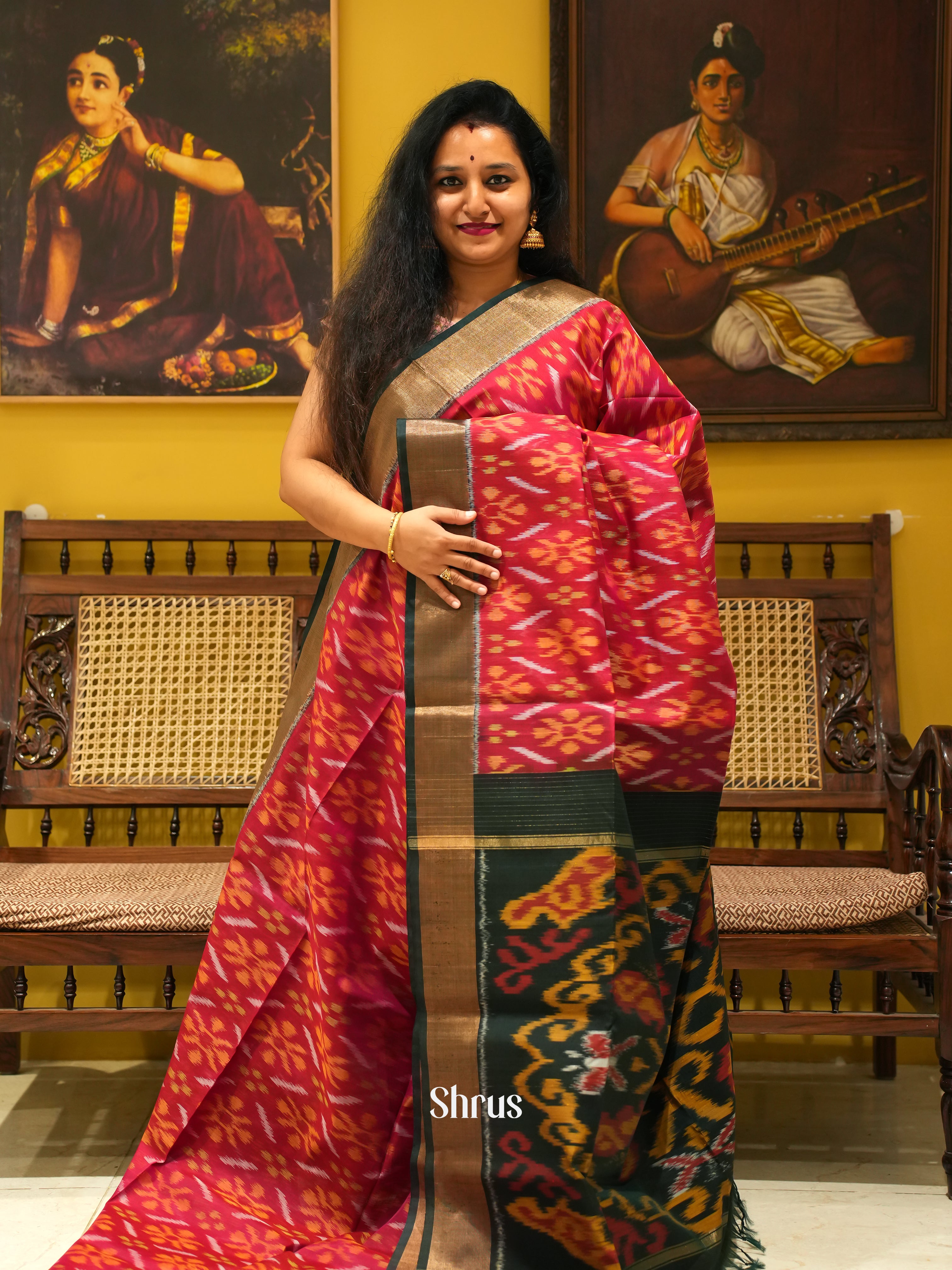 Red &  Dark Green  - Pochampally sico Saree - Shop on ShrusEternity.com