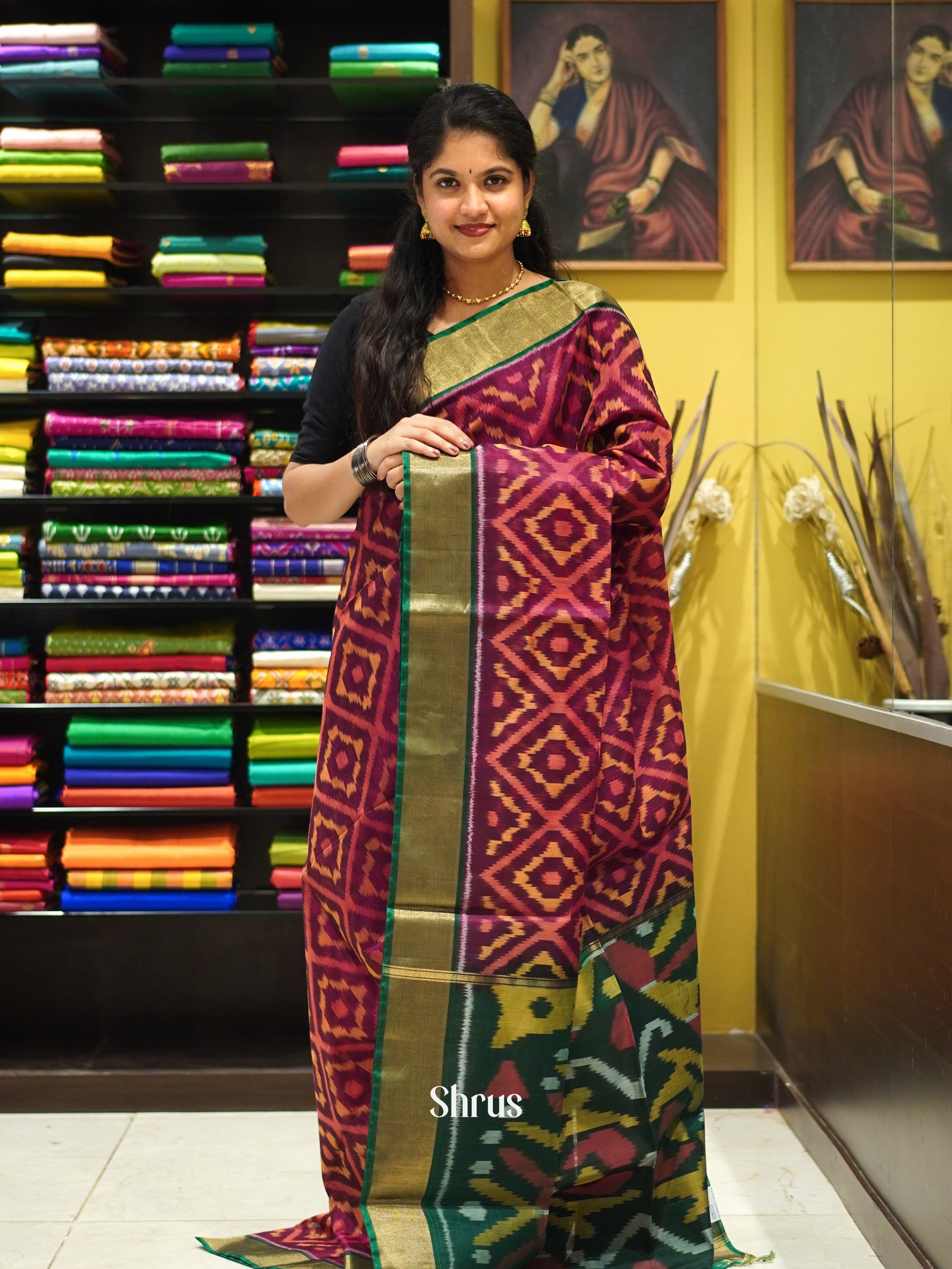 Wine & Green - Pochampally sico Saree