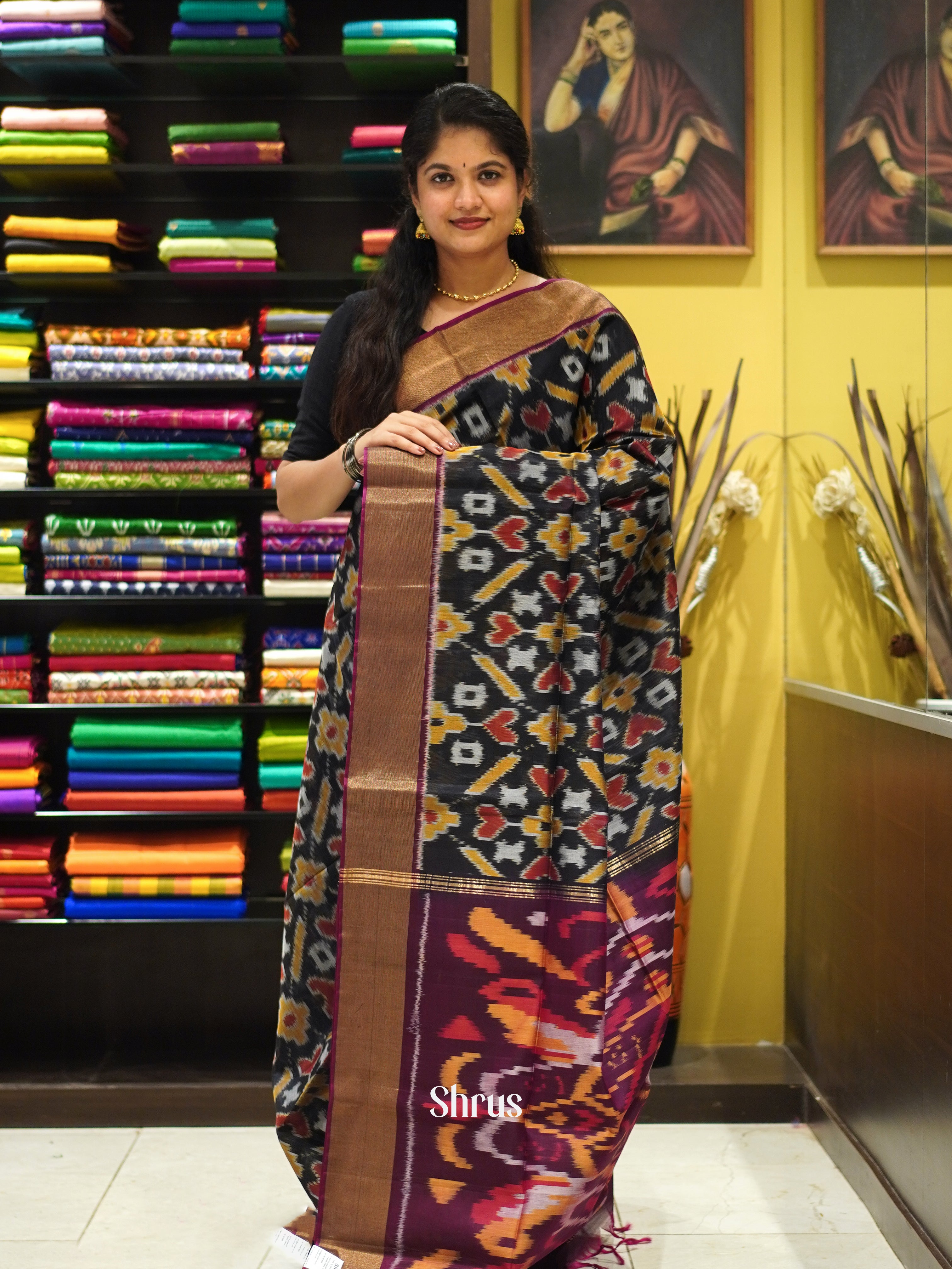 Black & Wine - Pochampally sico Saree - Shop on ShrusEternity.com