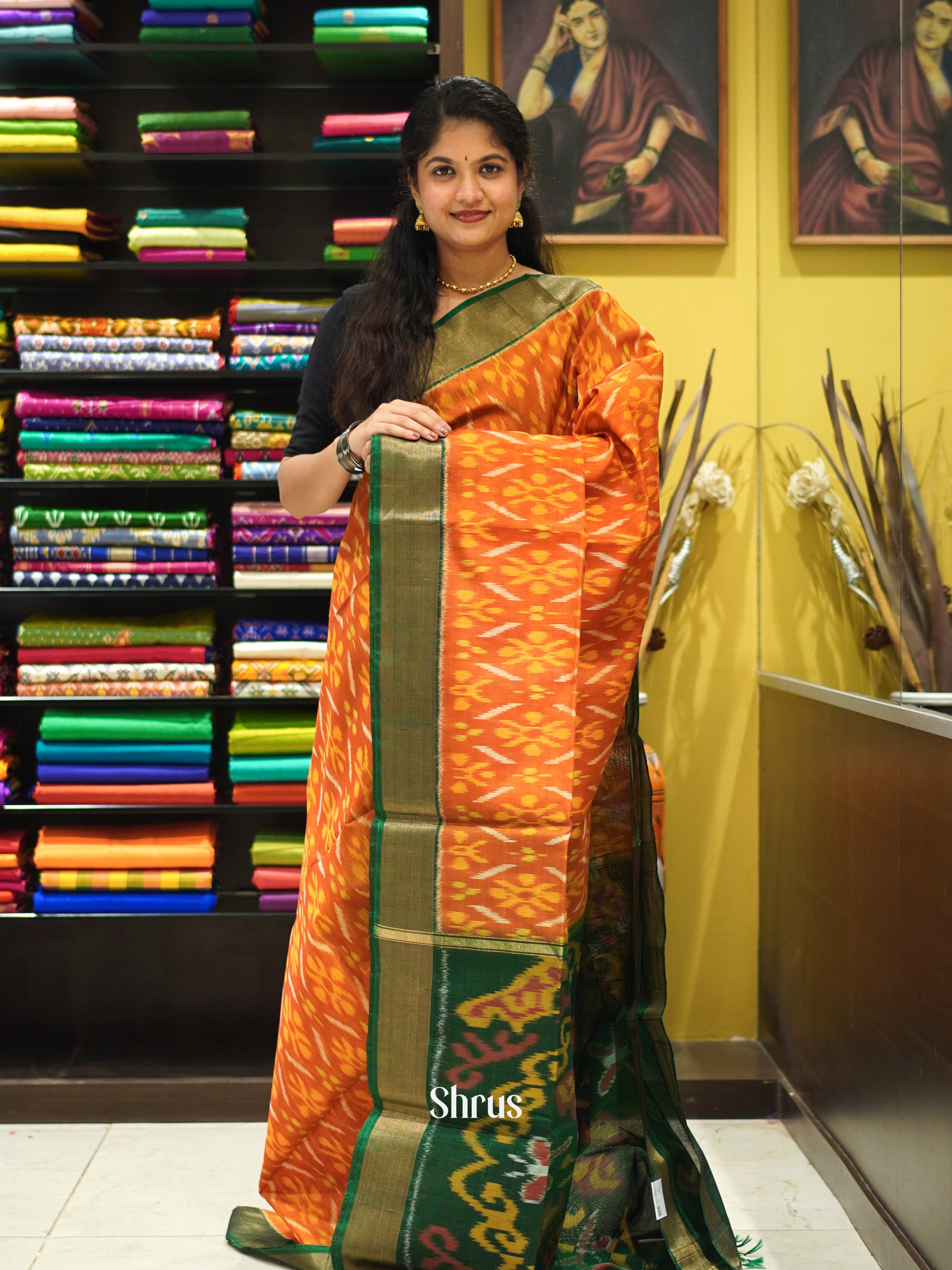 Orange & Green - Pochampally sico Saree - Shop on ShrusEternity.com