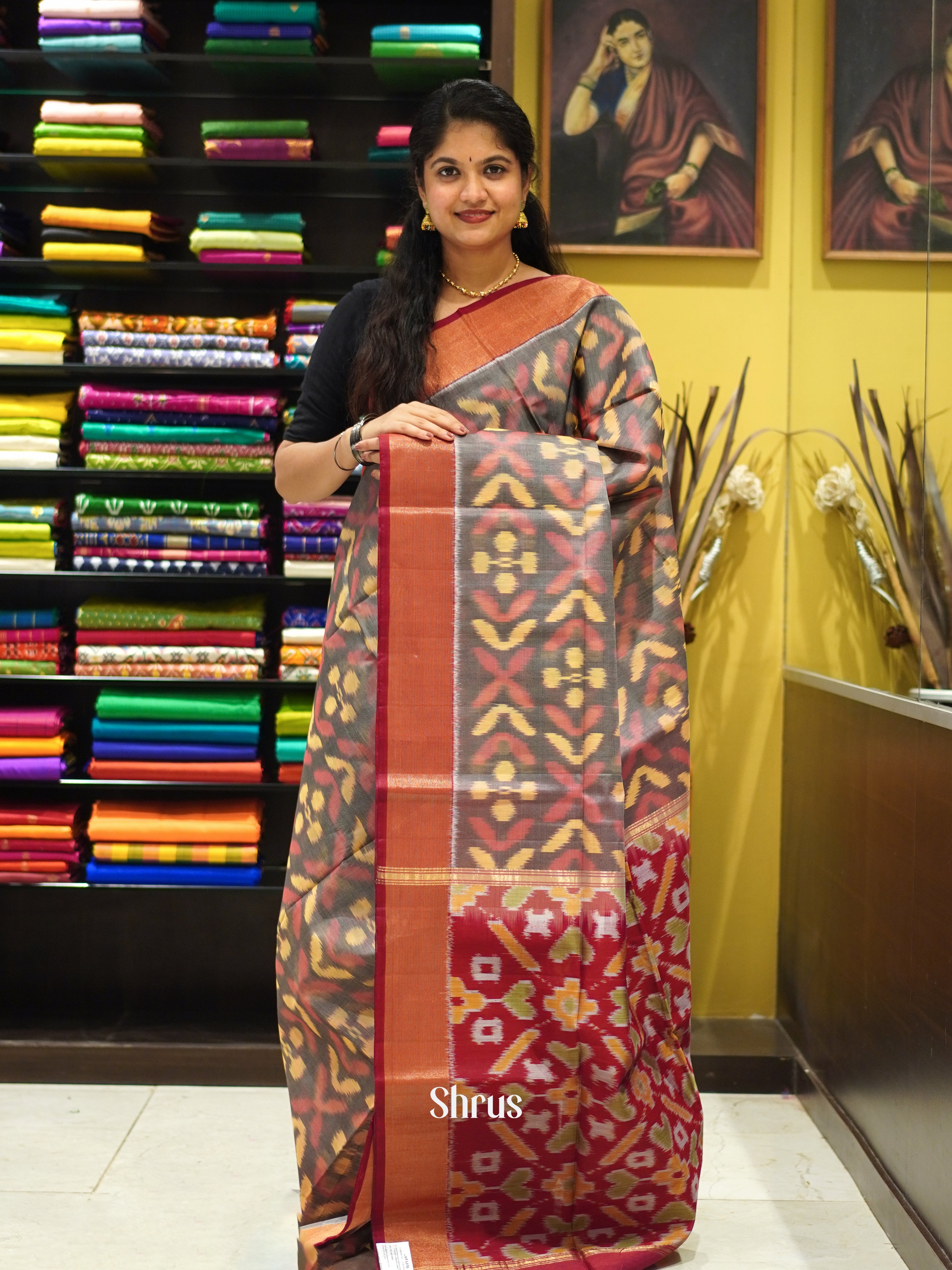 Grey & Maroon - Pochampally sico Saree