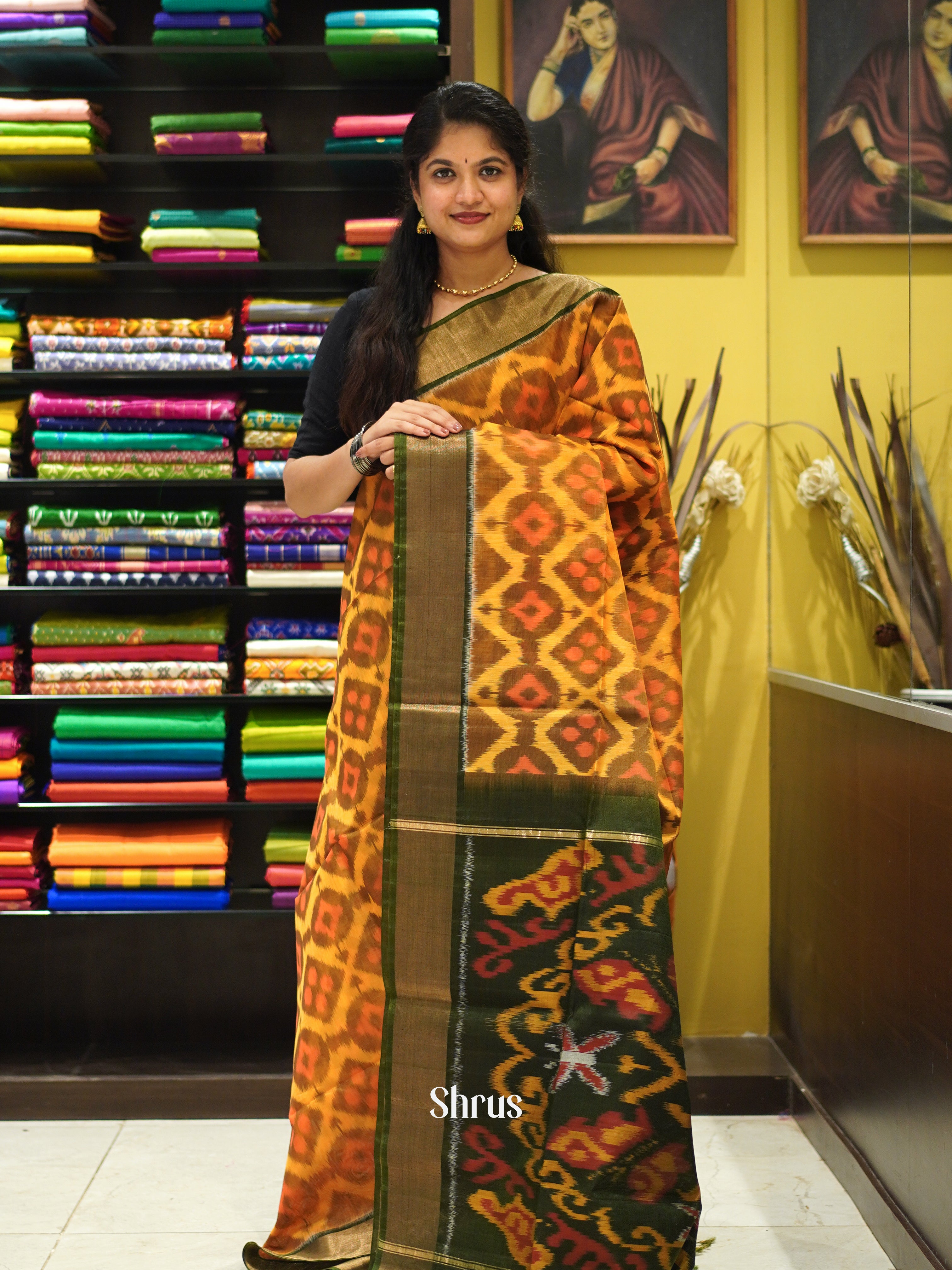 Mustard & Green - Pochampally sico Saree - Shop on ShrusEternity.com