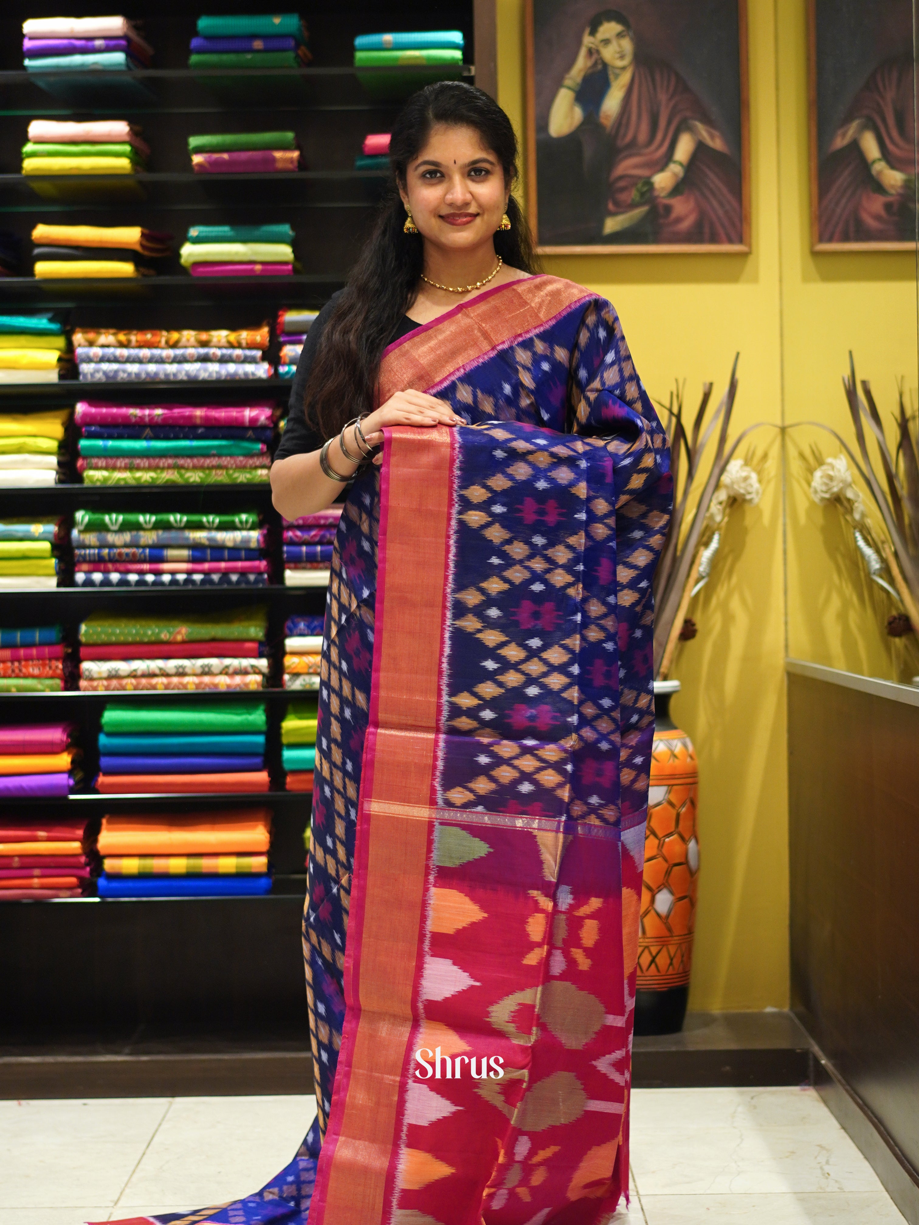 Blue & Red  - Pochampally sico Saree - Shop on ShrusEternity.com