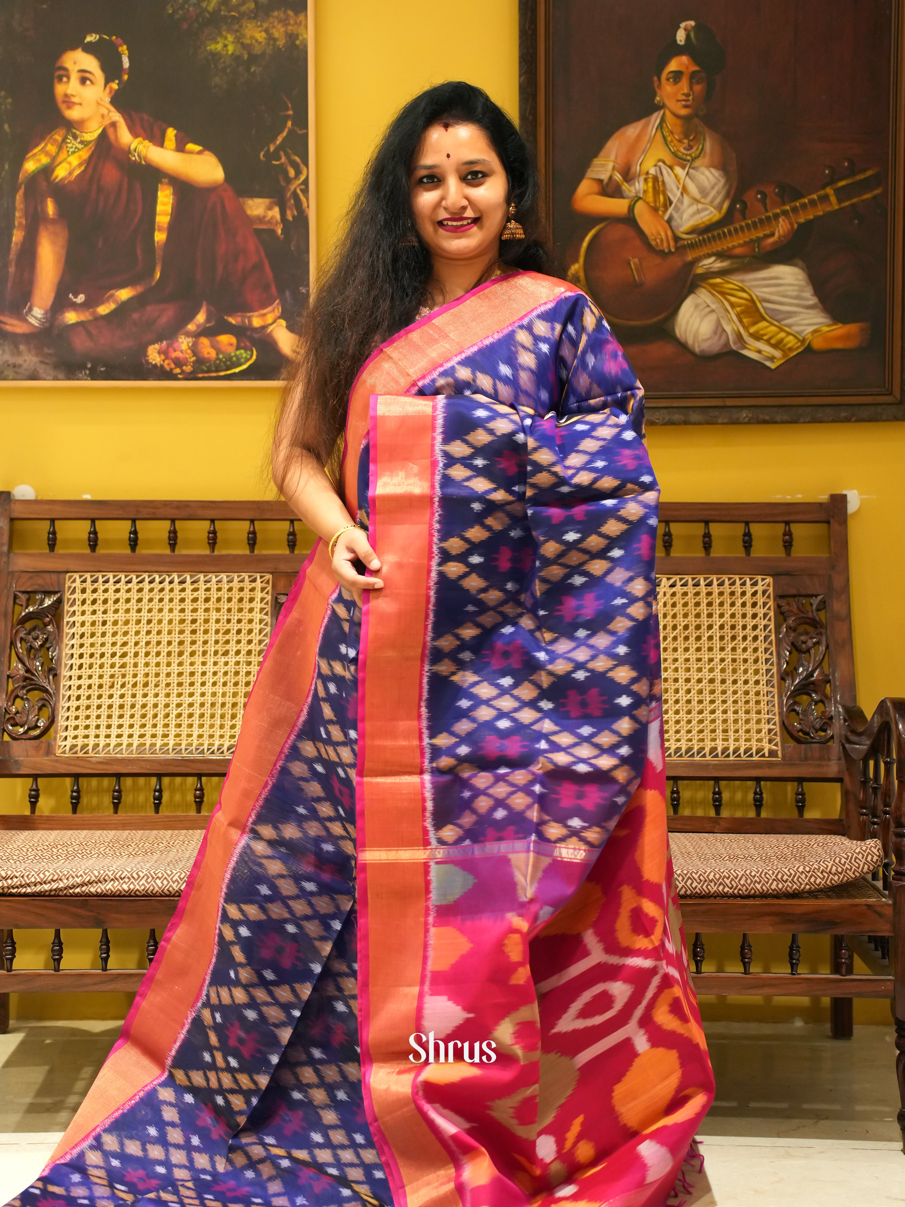 Blue & Red  - Pochampally sico Saree - Shop on ShrusEternity.com