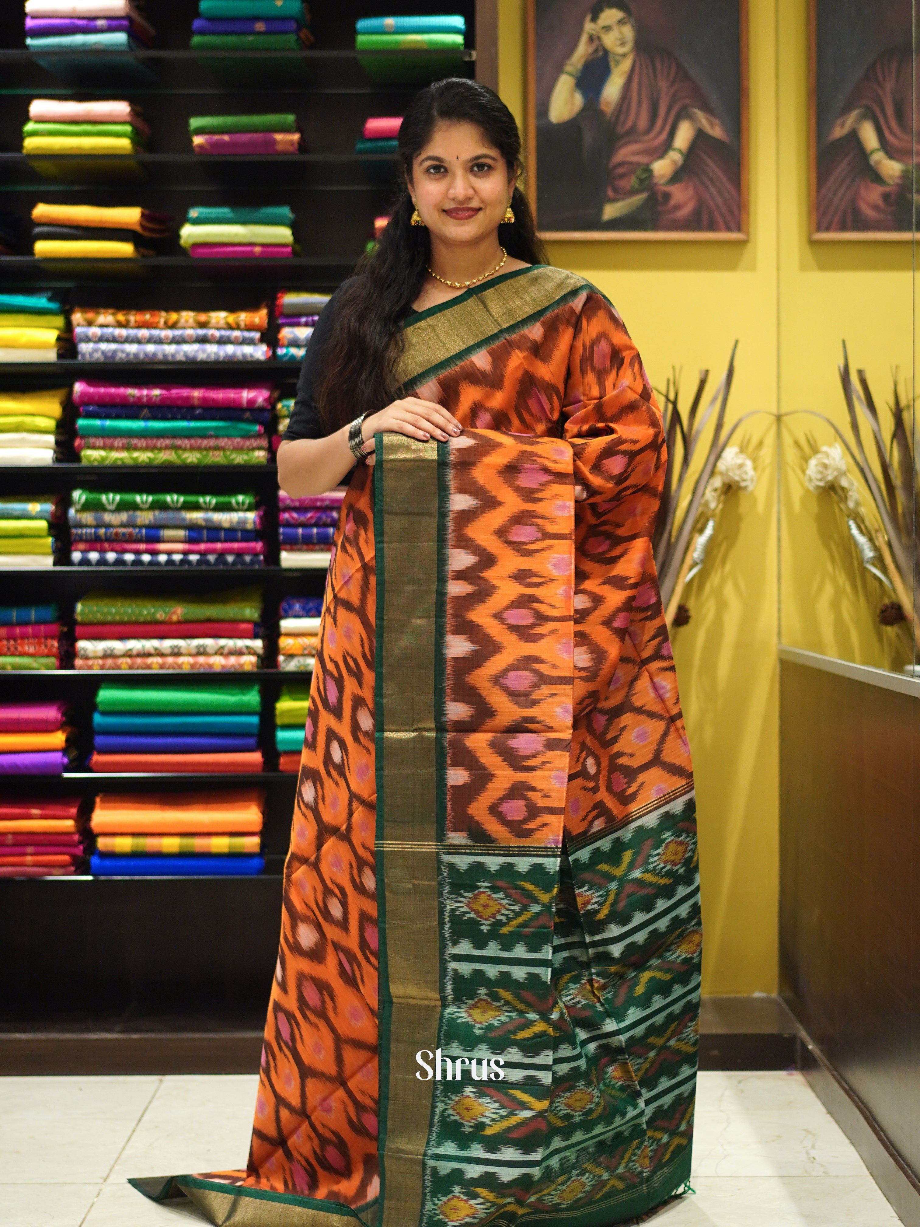 Orange & Green - Pochampally sico Saree - Shop on ShrusEternity.com