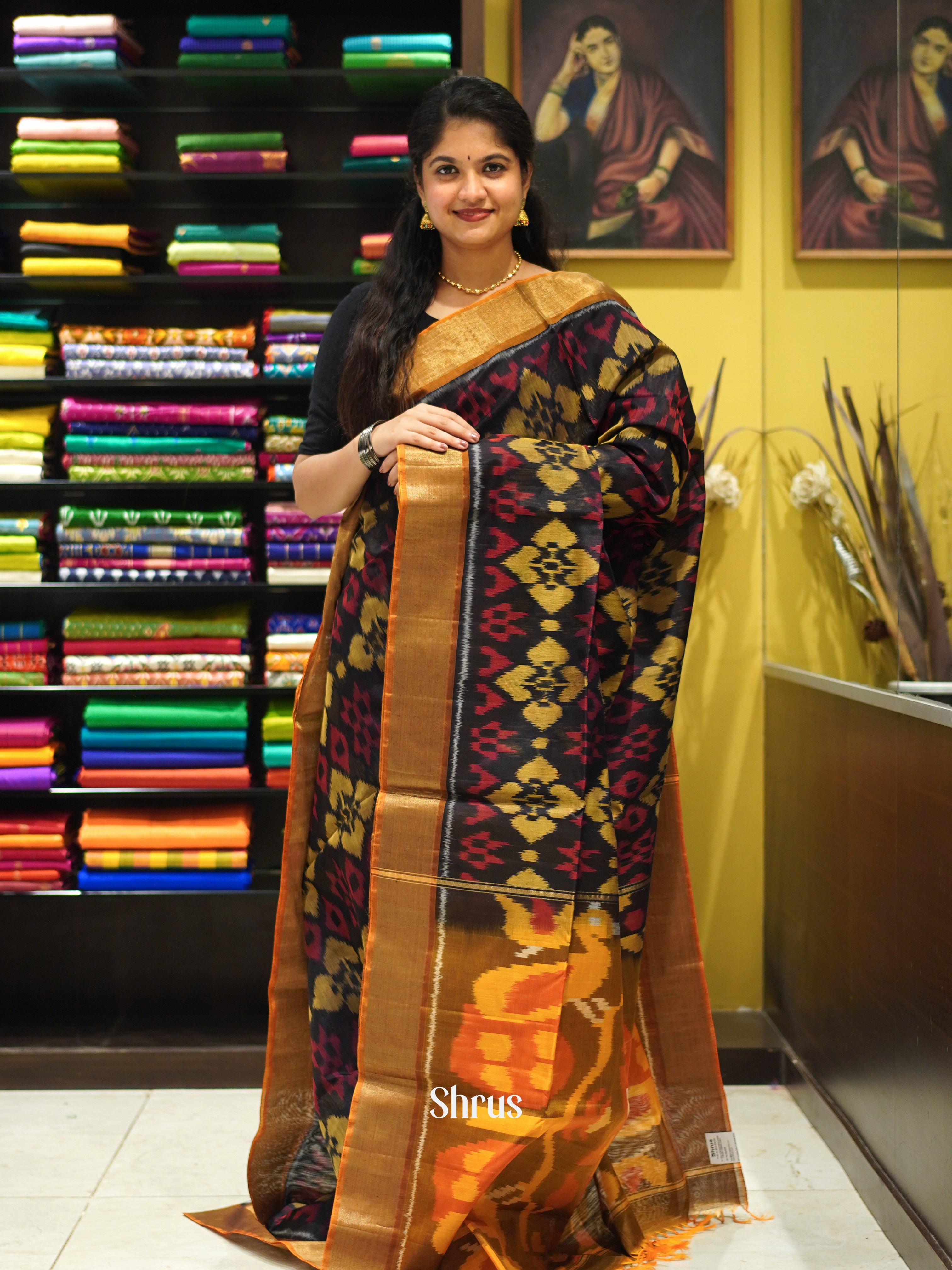 Black & Fenugreek - Pochampally sico Saree - Shop on ShrusEternity.com