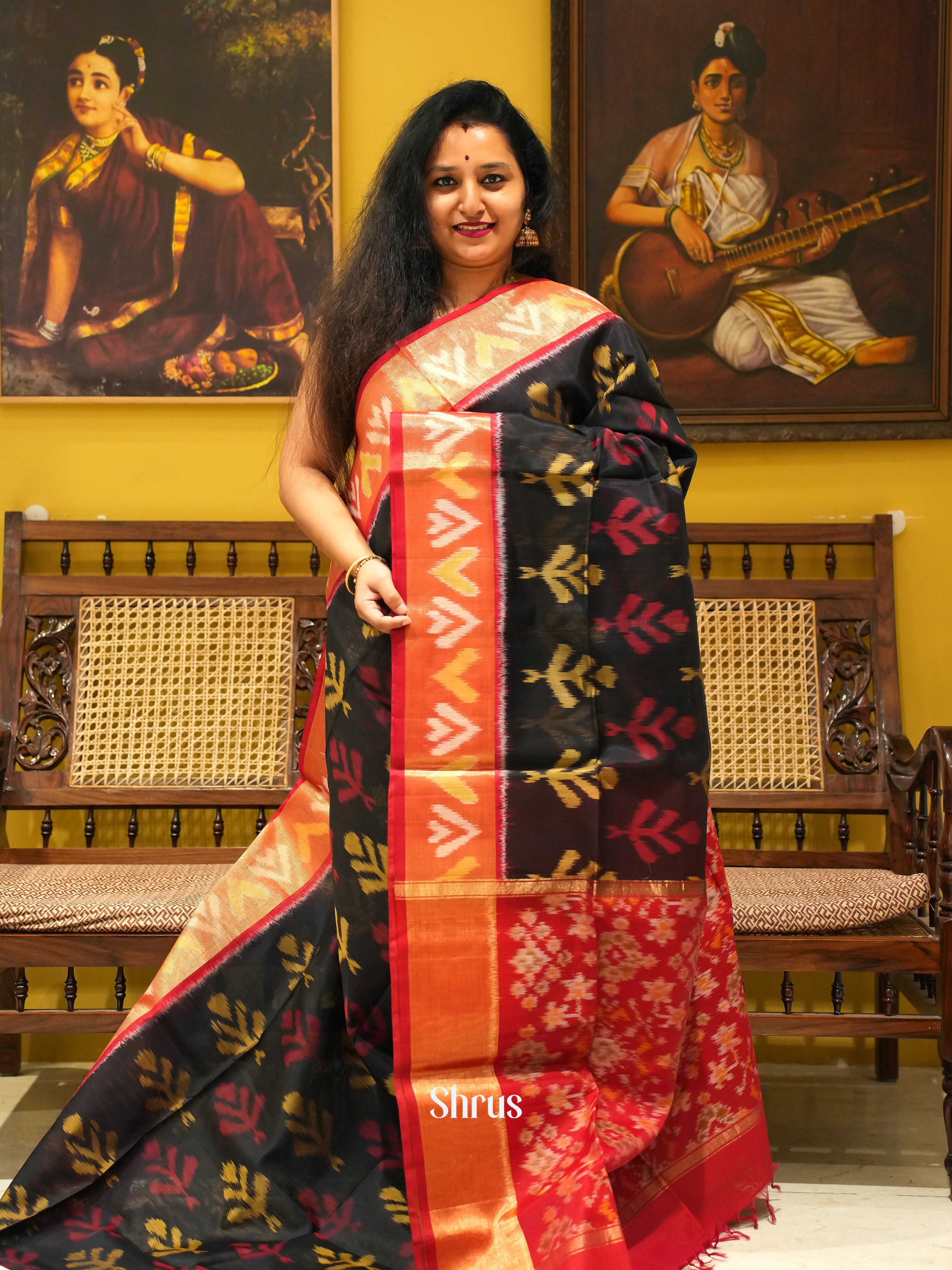 Black & Red - Pochampally sico Saree - Shop on ShrusEternity.com