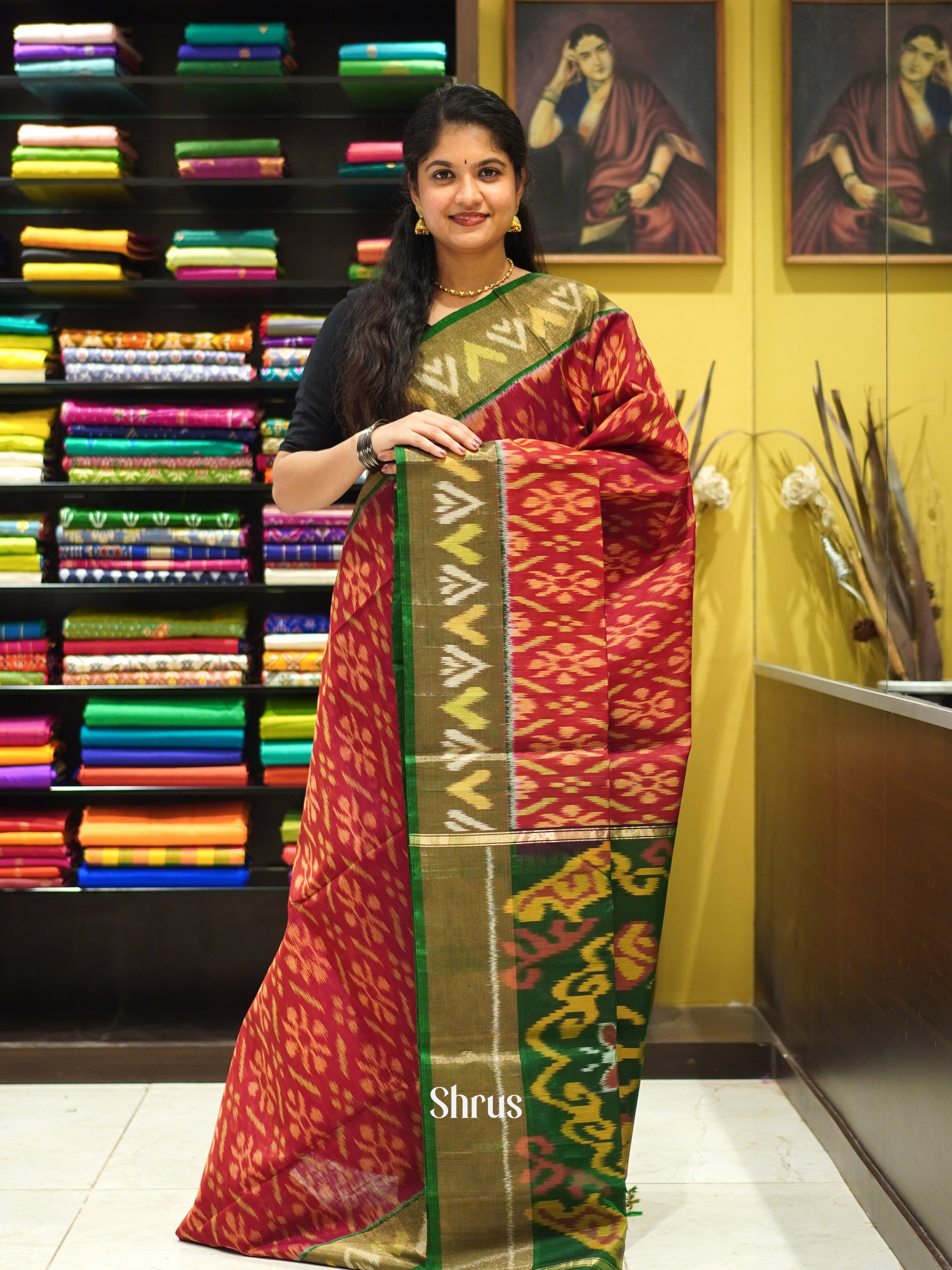 Red & Green - Pochampally sico Saree - Shop on ShrusEternity.com