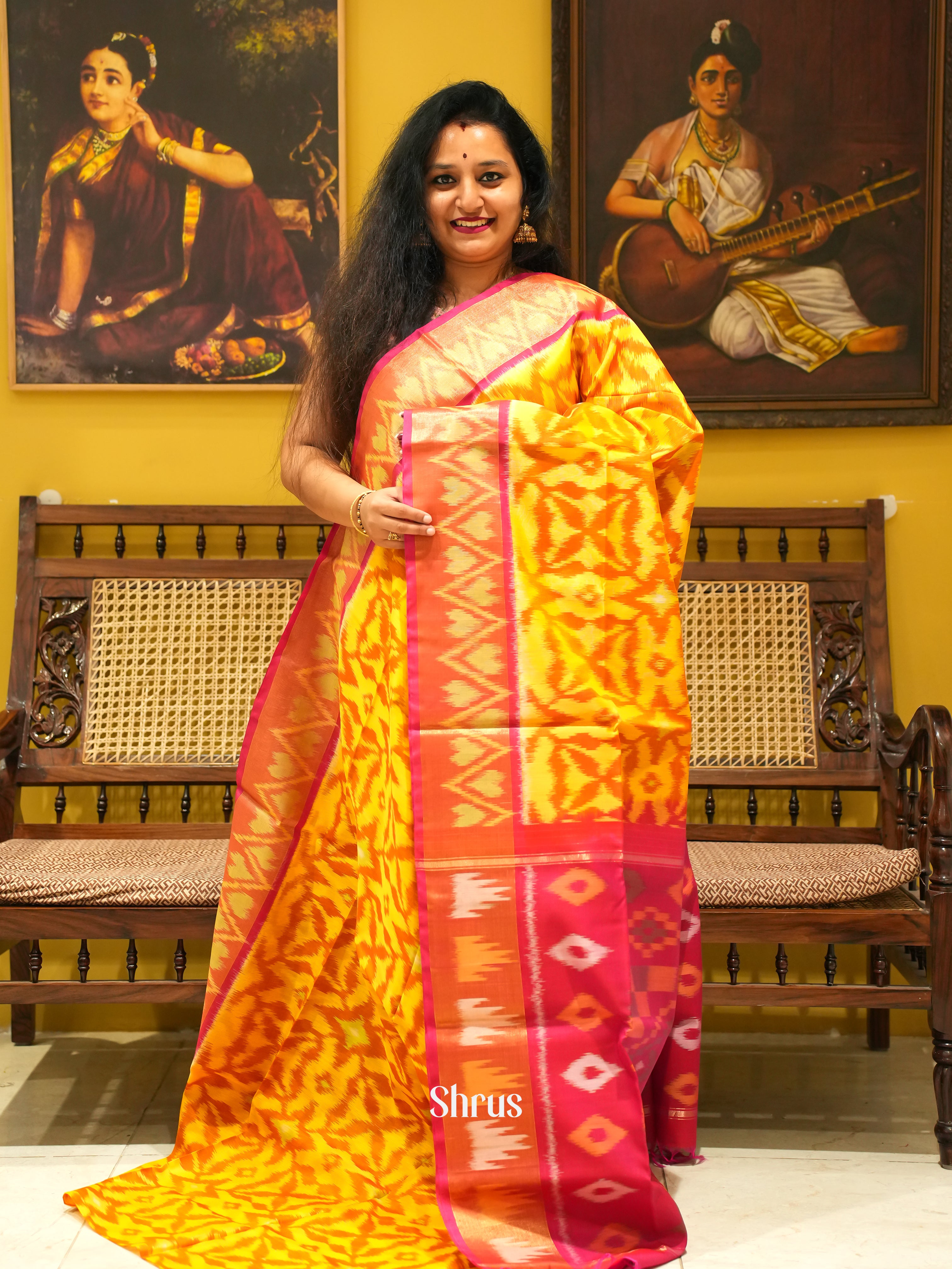 Yellow & Majenta - Pochampally sico Saree - Shop on ShrusEternity.com