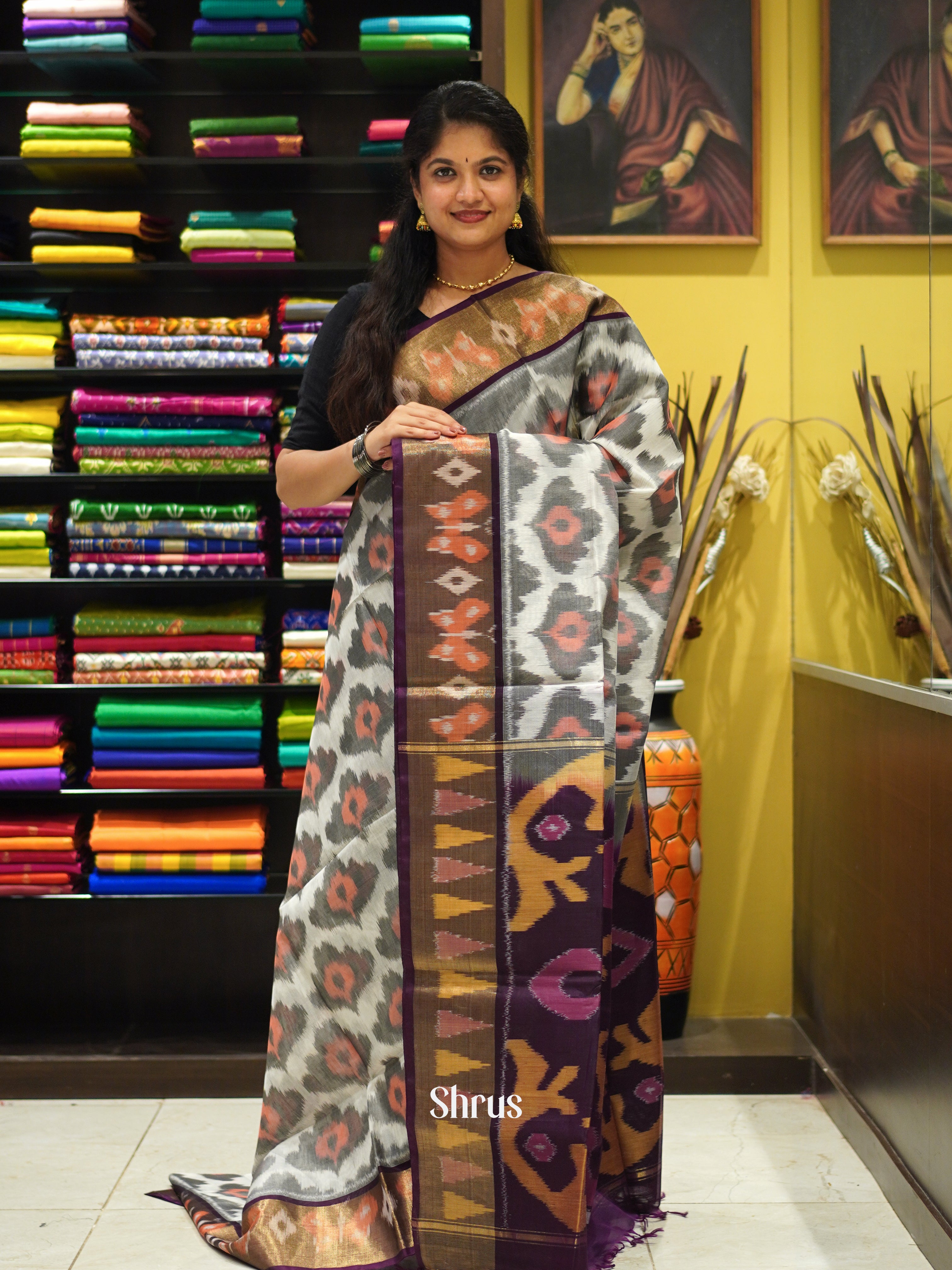 Grey& Violet - Pochampally sico Saree