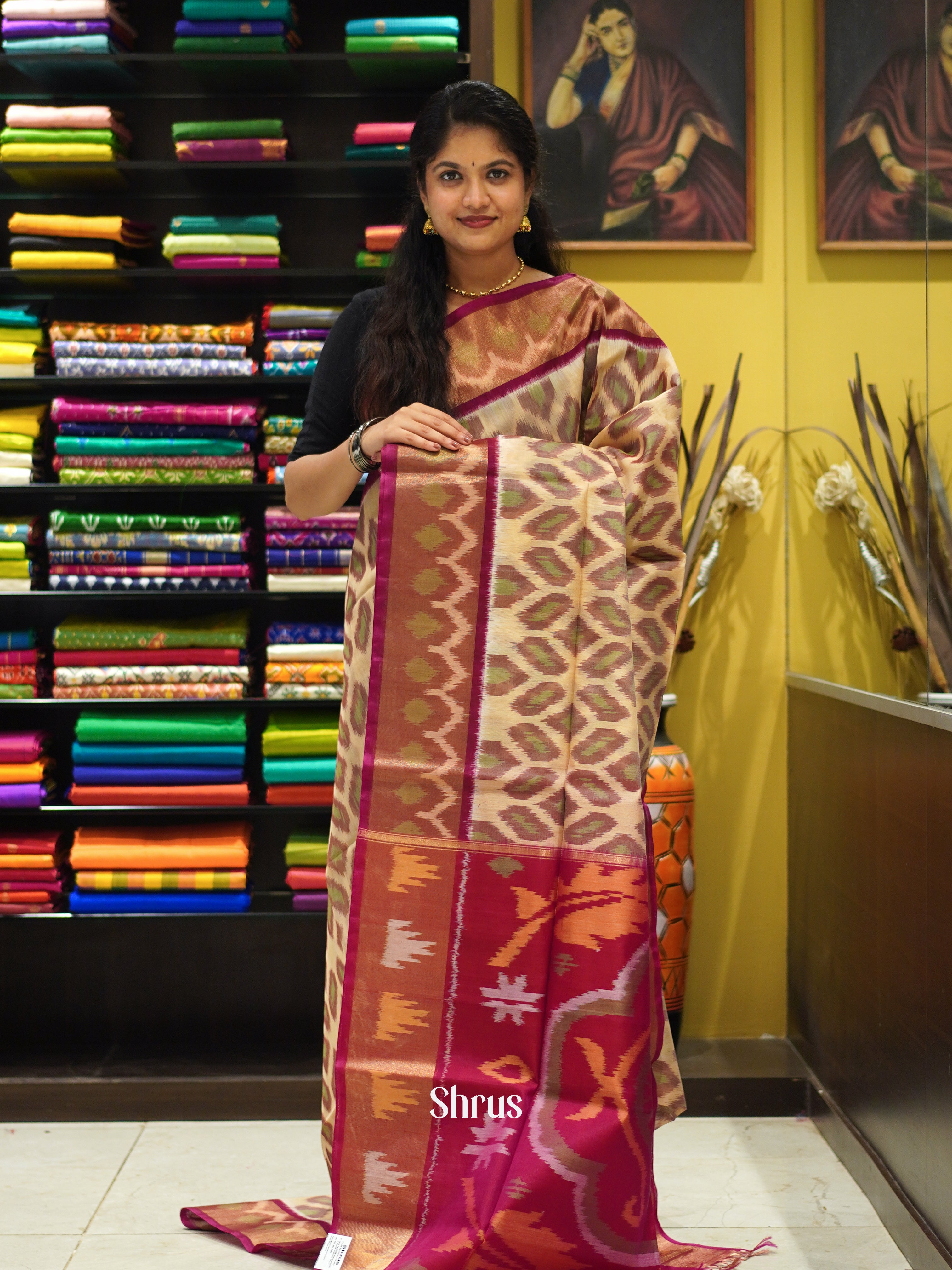 Beige & Purple - Pochampally sico Saree