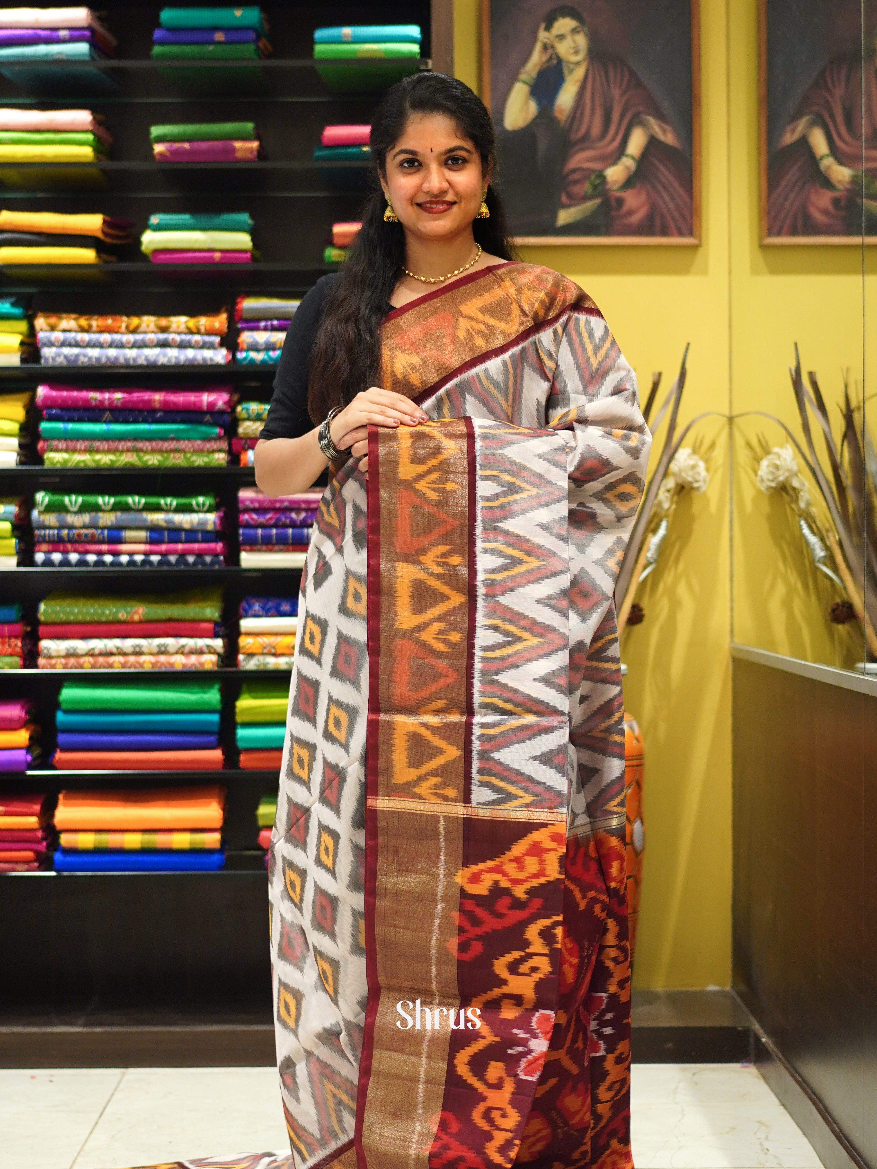 Grey & Maroon  - Pochampally sico Saree - Shop on ShrusEternity.com