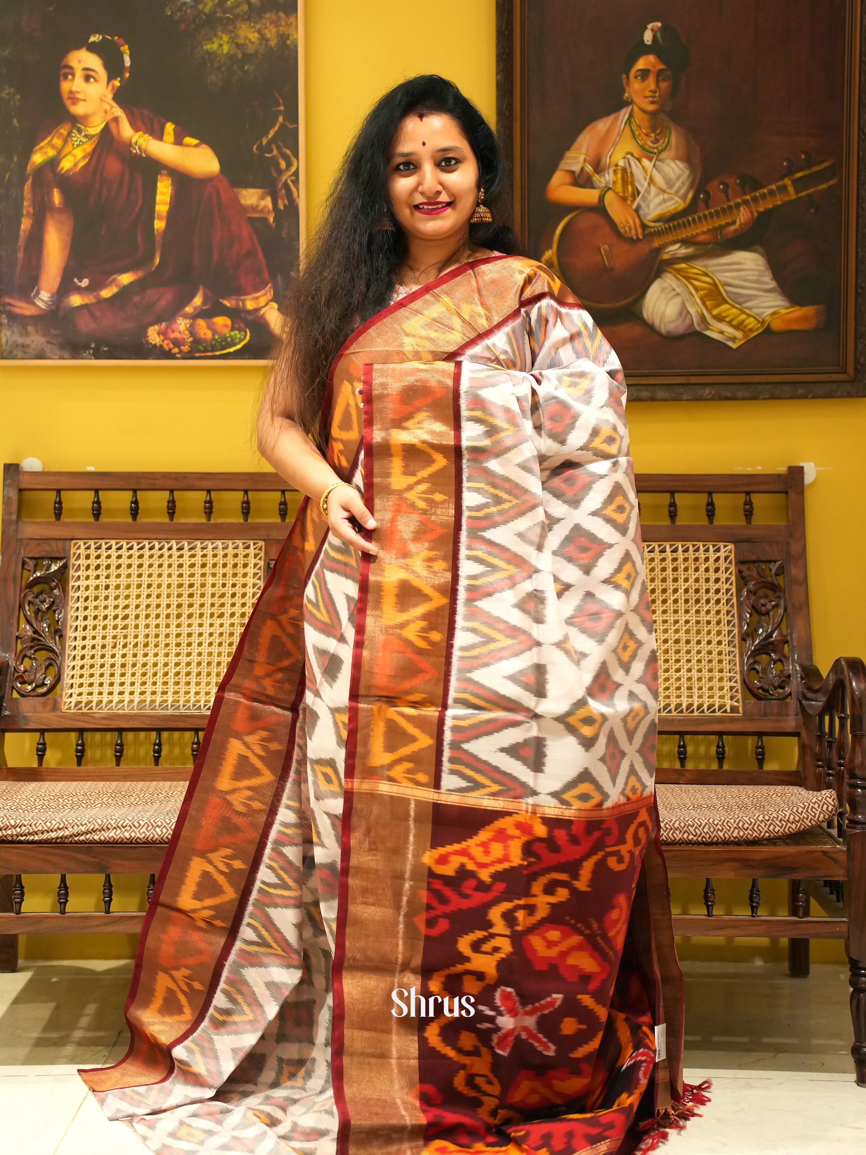 Grey & Maroon  - Pochampally sico Saree - Shop on ShrusEternity.com