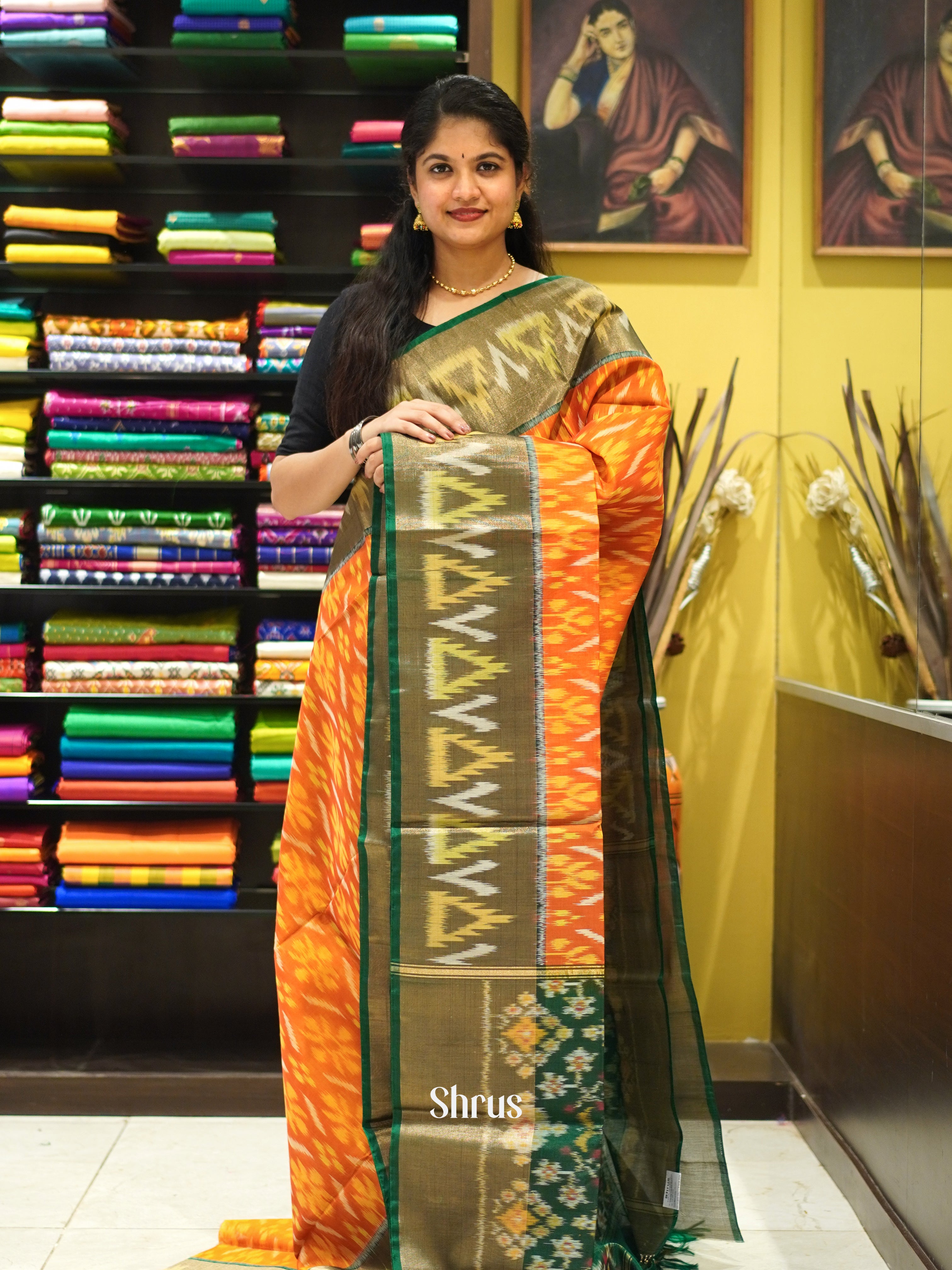 Orange & Green - Pochampally sico Saree - Shop on ShrusEternity.com