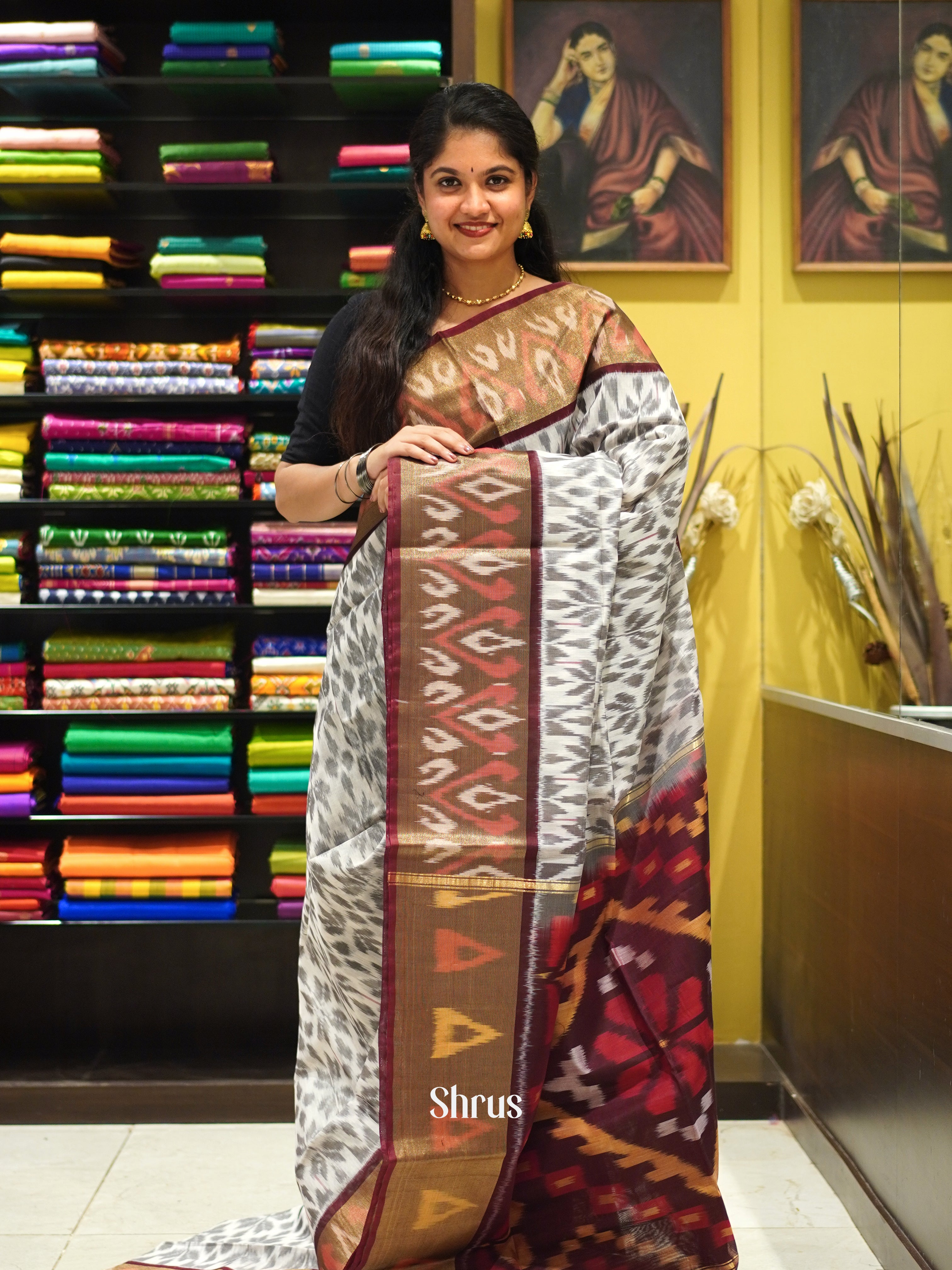 Grey & Maroon - Pochampally sico Saree