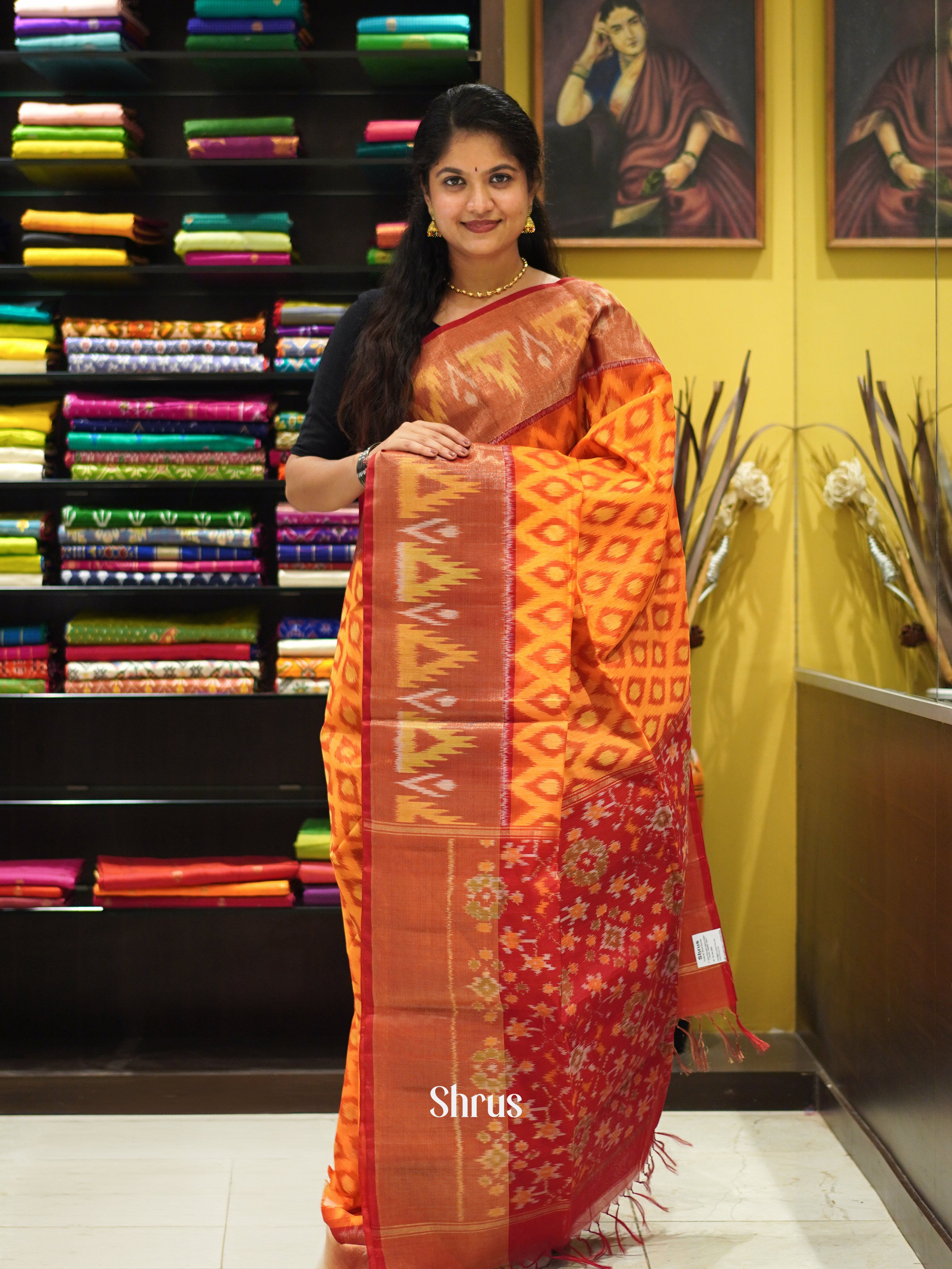 Orange & Red - Pochampally sico Saree - Shop on ShrusEternity.com