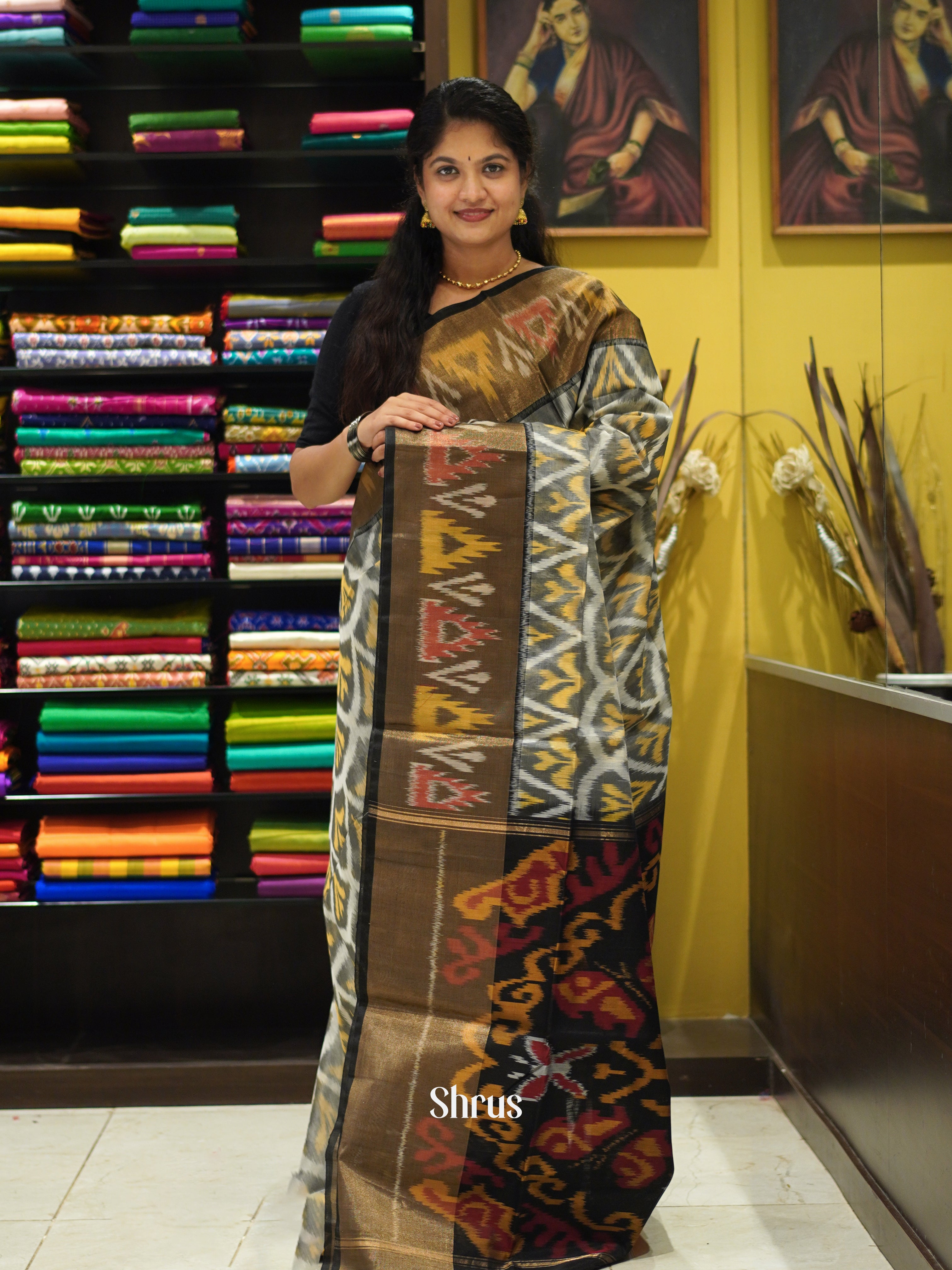 Grey & Black - Pochampally sico Saree