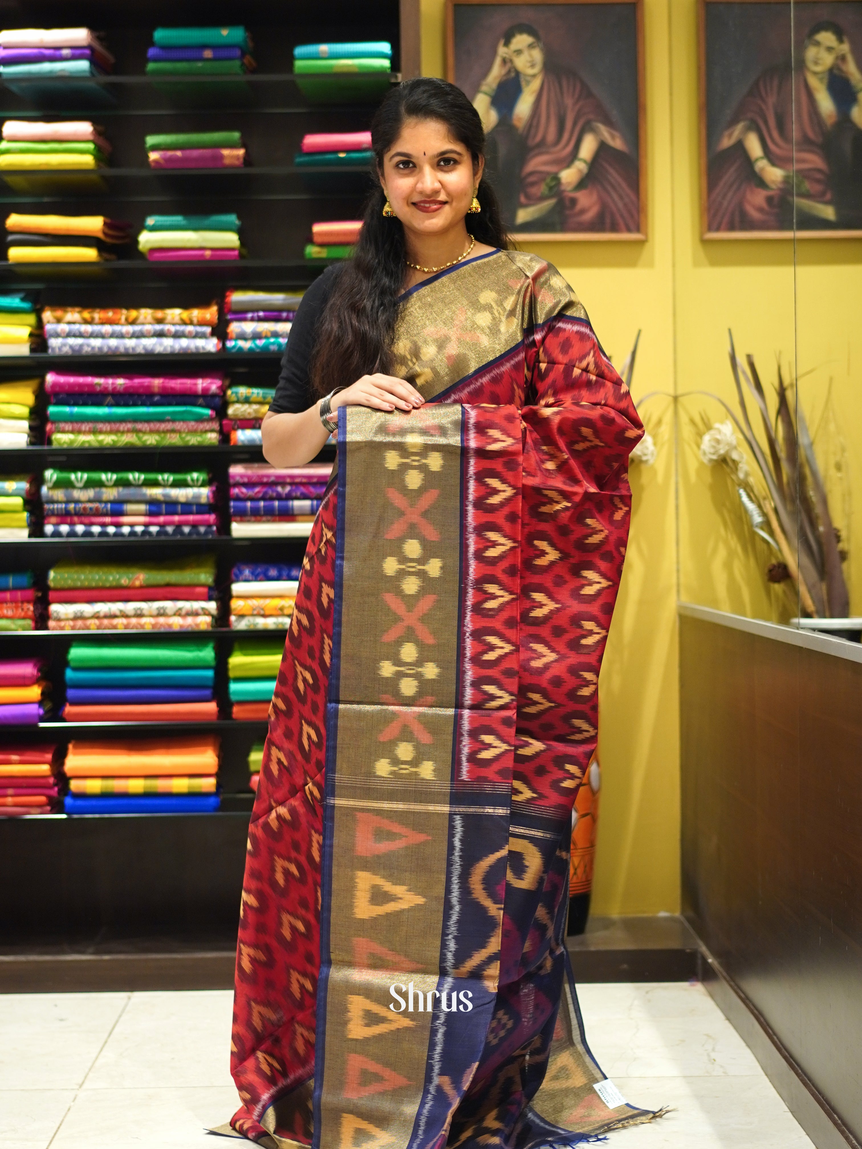 Maroon & Blue- Pochampally sico Saree - Shop on ShrusEternity.com