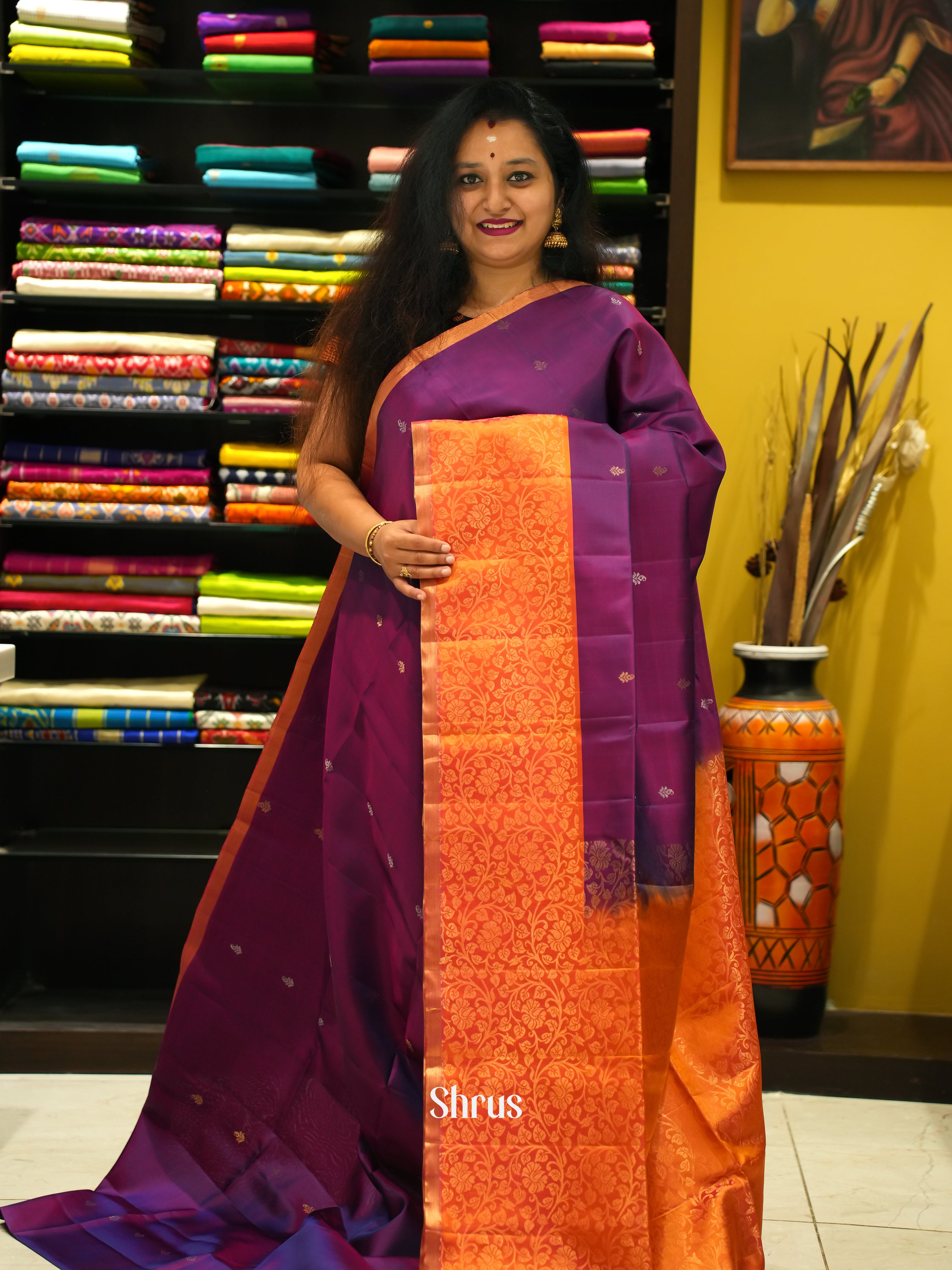 Purple & Orange - Soft Silk Saree - Shop on ShrusEternity.com